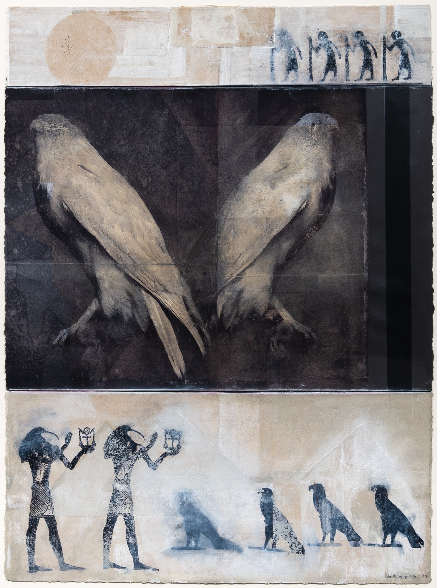 Contemporary School: Falcons, 2004 Signed Hanson and dated 04 (lr) Mixed media on paper 30 x 22 inches (76.2 x 56 cm) (Framed 36 1/2 x 29 inches) Not viewed out of the frame.