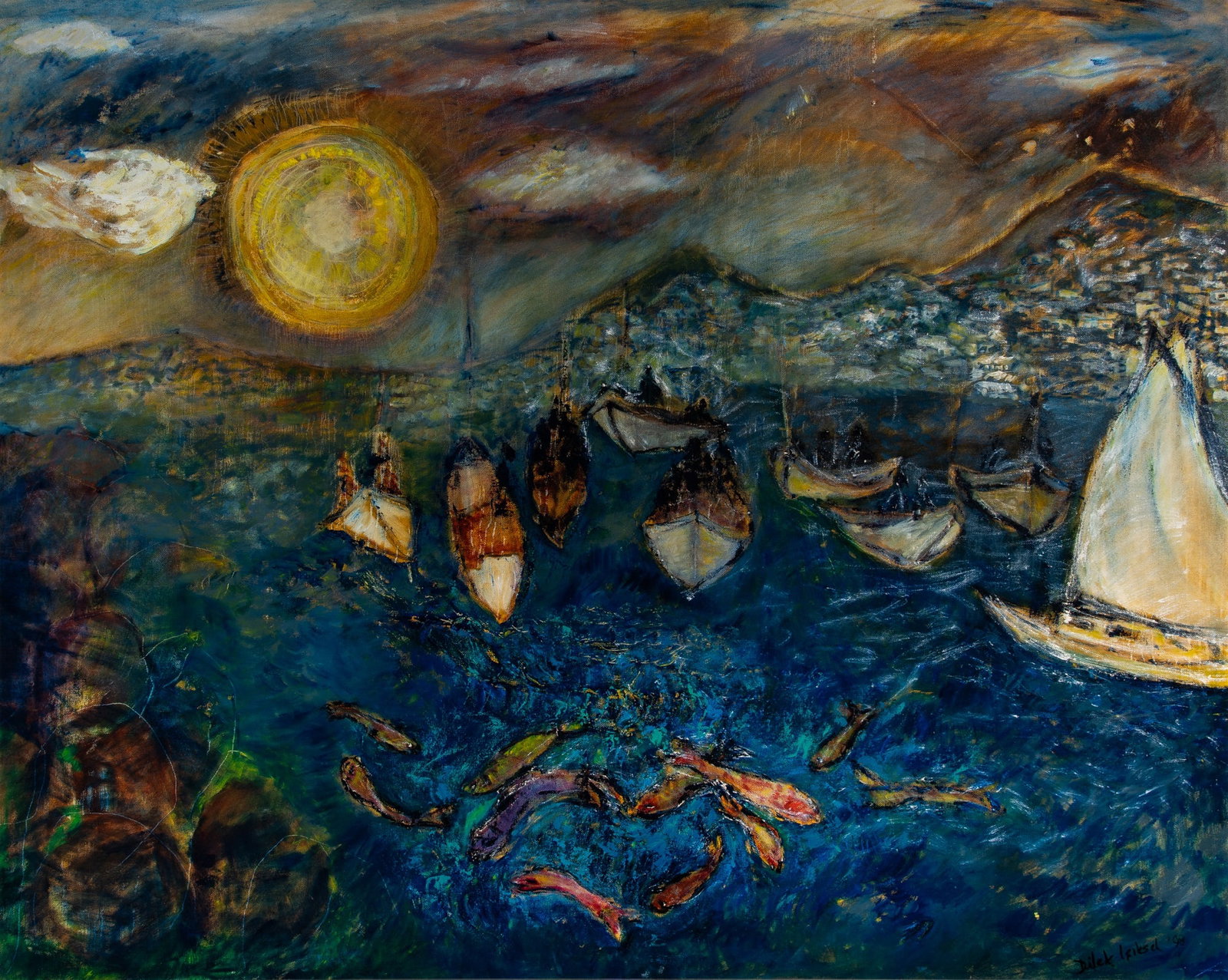 Dilek I??ksel: Turkish, b. 1948 Untitled (Boats in the Harbour), 1998 Signed and dated Dilek I??ksel '98 (lr) Oil on canvas 46 1/2 x 58 1/2 inches (118.1 x 148.6cm) (Framed 53 1/4 x 65 inches)