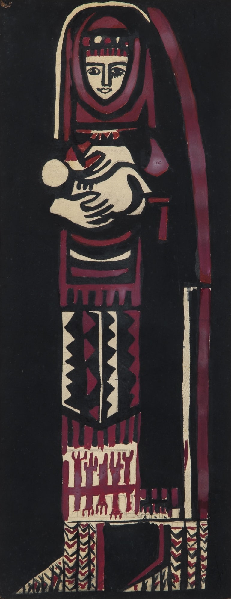 Bedri Rahmi Eyuboglu: Turkish, 1911-1975 Untitled (Villager) Gouache on paper 17 1/4 x 6 3/4 inches (43.8 x 17.2cm) (Framed 25 x 13 inches) Proceeds from this auction will support the Sena Eken-Schieber Economics Award at