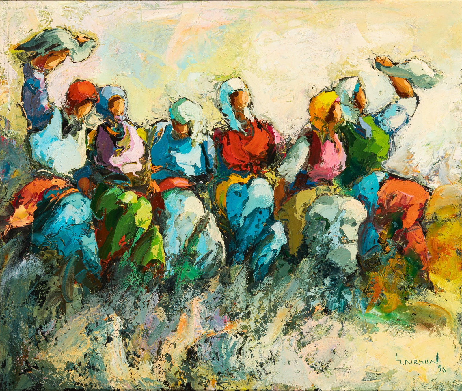 Saim Dursun: Turkish, 1959-2021 Untitled (Villagers), 1996 Signed S. Dursun 96 (lr) Oil on canvas 19 1/4 x 23 3/4 inches (48.9 x 60.3cm) (Framed 23 3/4 x 27 1/4 inches) Proceeds from this auction will support the