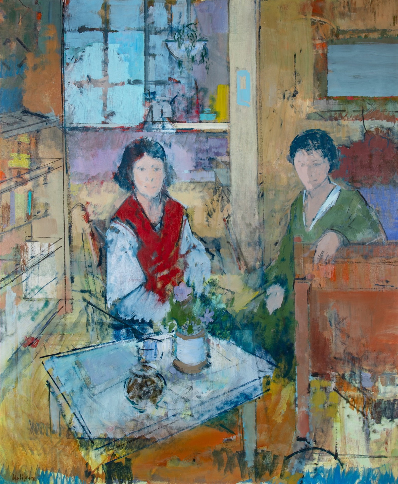 John Heliker: American, 1909-2000 Interior with Two Figures, 1988 Signed Heliker (ll) Oil on canvas 50 x 60 inches (127 x 152.4 cm) Provenance: Kraushaar Galleries, New York Exhibited: Ogunquit, Maine, The Museum