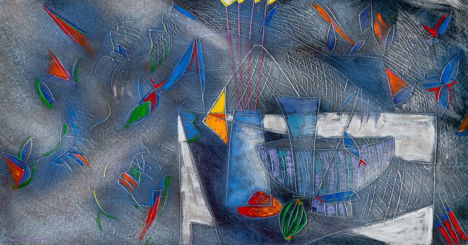 Jane O'Malley: British, 1944-2023 Night Piece, 1986 Signed and dated Jane O'Malley 1986 (ll); numbered No. 323 and inscribed as titled on the reverse Oil on board 16 x 30 1/4 inches (40.6 x 76.8 cm) (Frame 22 x 34