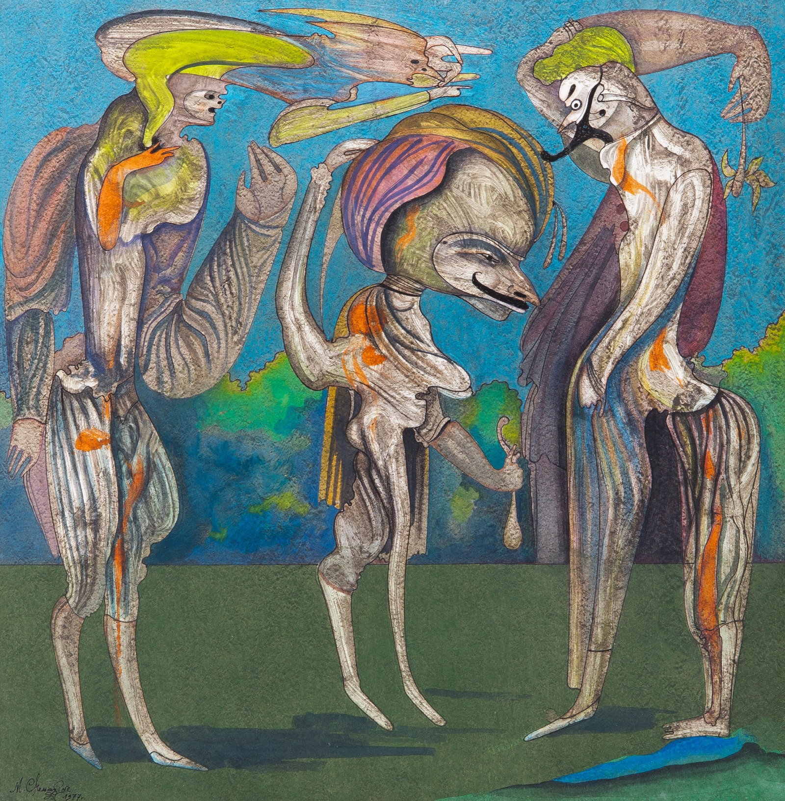 Mihail Chemiakin: Russian, b. 1943 Untitled (Figures), 1977 Signed and dated M. Chemiakin / 1977 (ll) Mixed media with gouache and ink on paper 11 7/8 x 11 1/2 inches (30.2 x 29.2 cm) (Framed 16 x 16 inches)