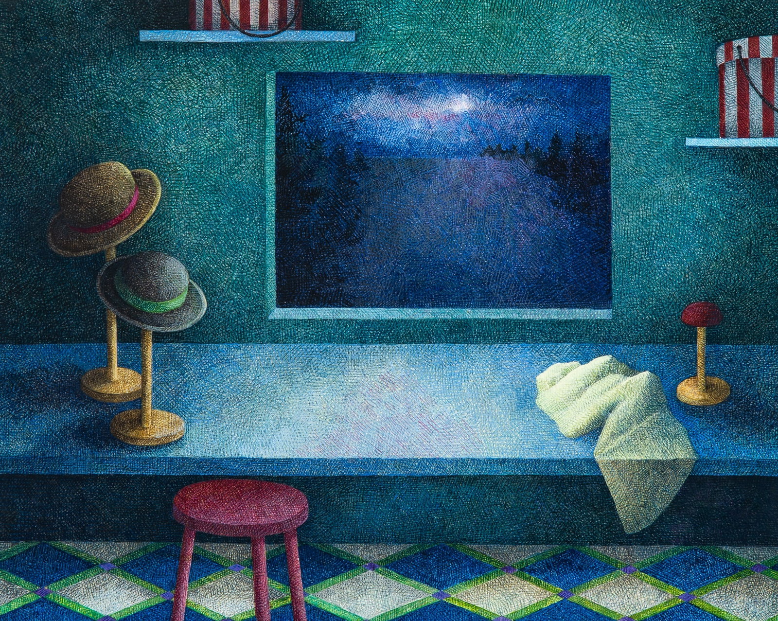 Katherine Spitzhoff: 20th Century Hat Factory, 1995 Signed and dated Katherine Spitzhoff '95 on the reverse Egg tempera on panel 8 x 10 inches (20.3 x 25.4 cm) Provenance: Bachelier-Cardonsky Gallery, Kent, CT