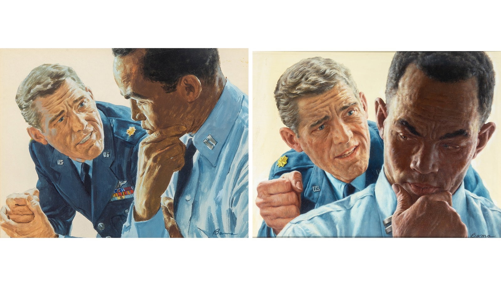 James Bama: American, 1926-2022 (i) In the Best Interest of the Service, 1961 Signed Bama (lr) Oil on board Sight 9 3/4 x 12 3/4 inches (25 x 32 cm) This illustration was published in The Saturday Evening Post