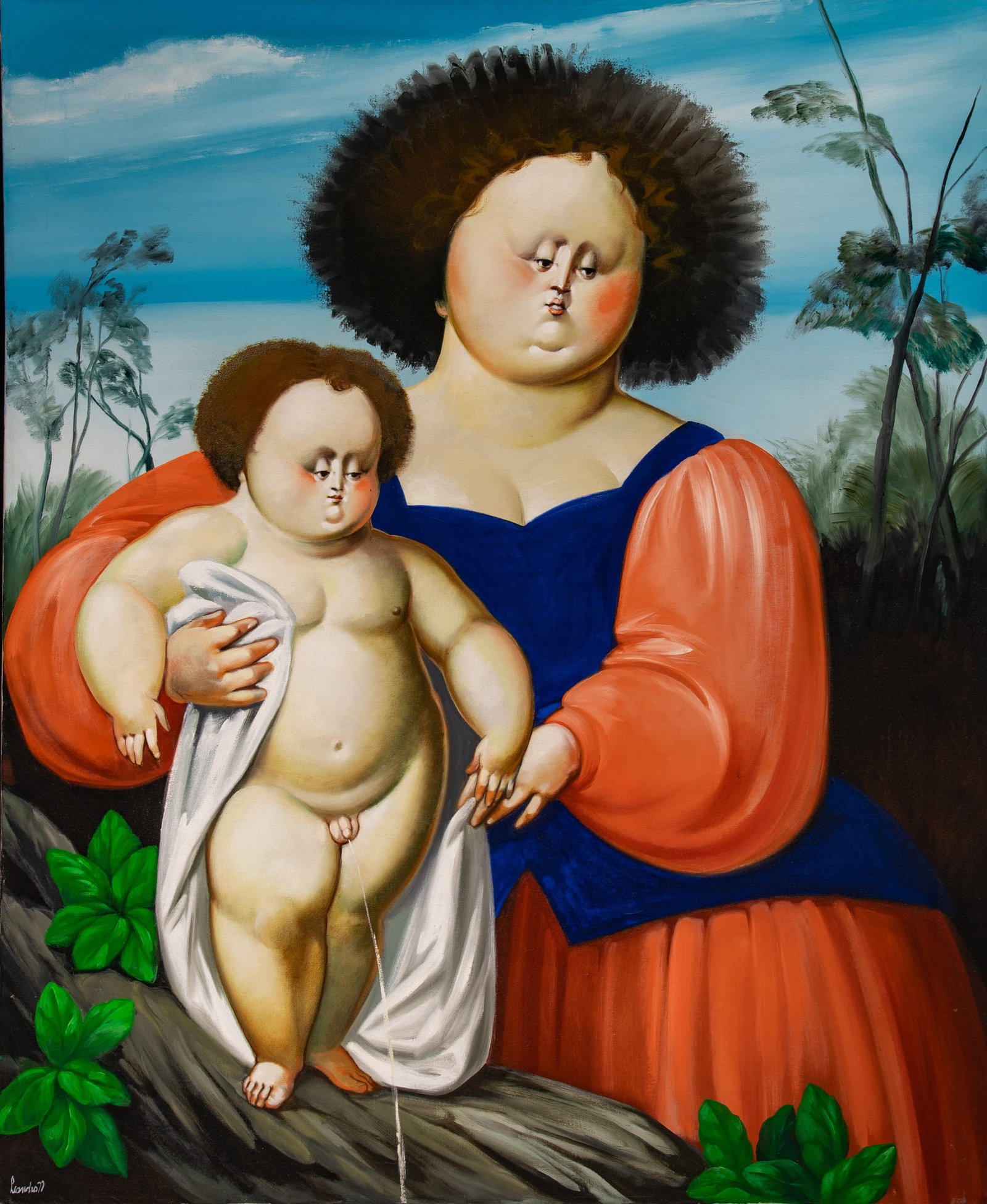 Leandro Velasco: Columbian, b. 1933 Mother and Child, 1977 Signed and dated Velasco 77 (ll) Oil on canvas 56 x 45 3/4 inches (142.2 x 116.2 cm) (Framed 57 3/4 x 48 inches) Some light craquelure in areas throughout.