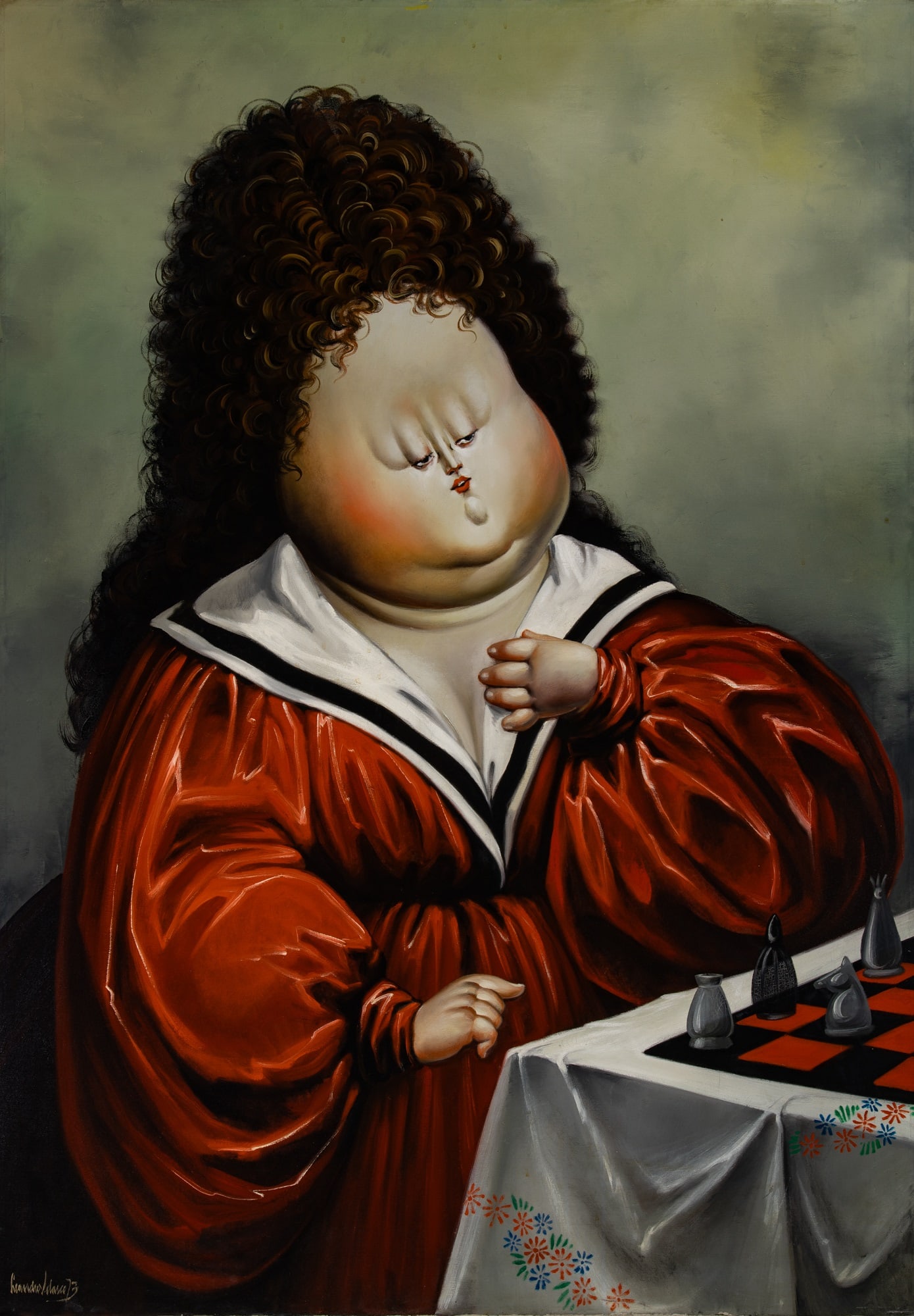 Leandro Velasco: Columbian, b. 1933 The Chess Player, 1973 Signed and dated Leandro Velasco 73 (ll) Oil on canvas 60 x 42 inches (152.4 x 106.7 cm) Unframed A few areas with light craquelure. Some pigment separation