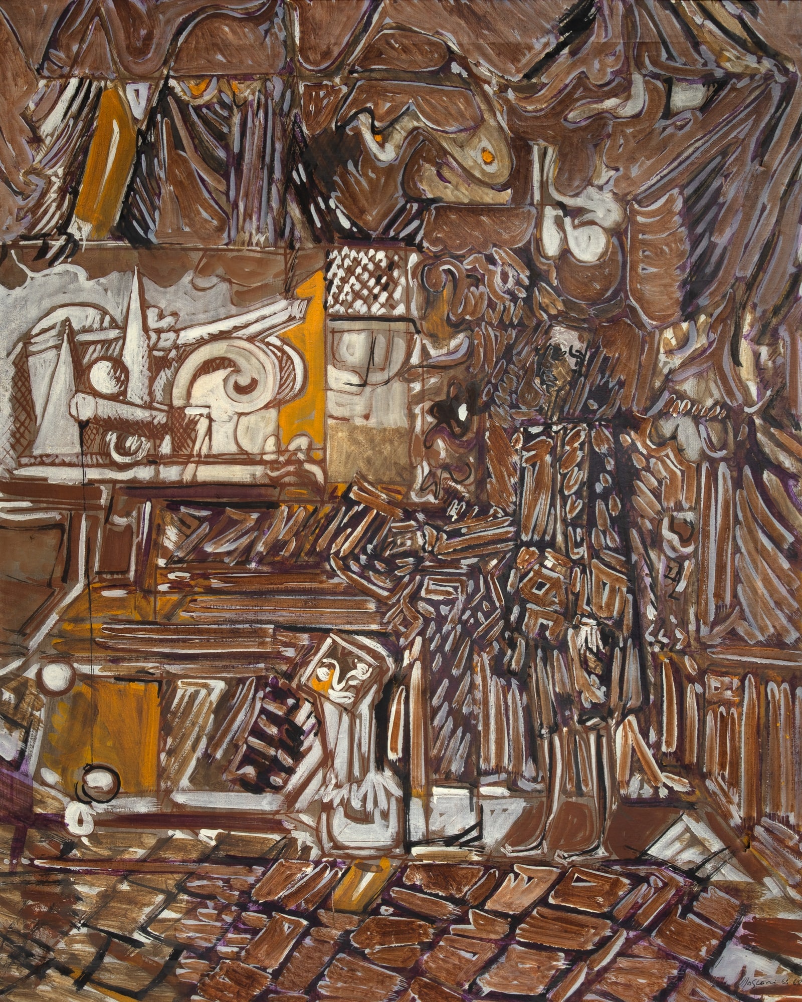 Lodovico Mosconi: Italian, 1928-1987 Il Gioco dell'Imperatore, 1, 1966-67 Signed and dated Mosconi 66-67 (lr) Oil on canvas 39 x 31 inches (100 x 79 cm) (Framed 44 x 36 inches) Small puncture in the lower right