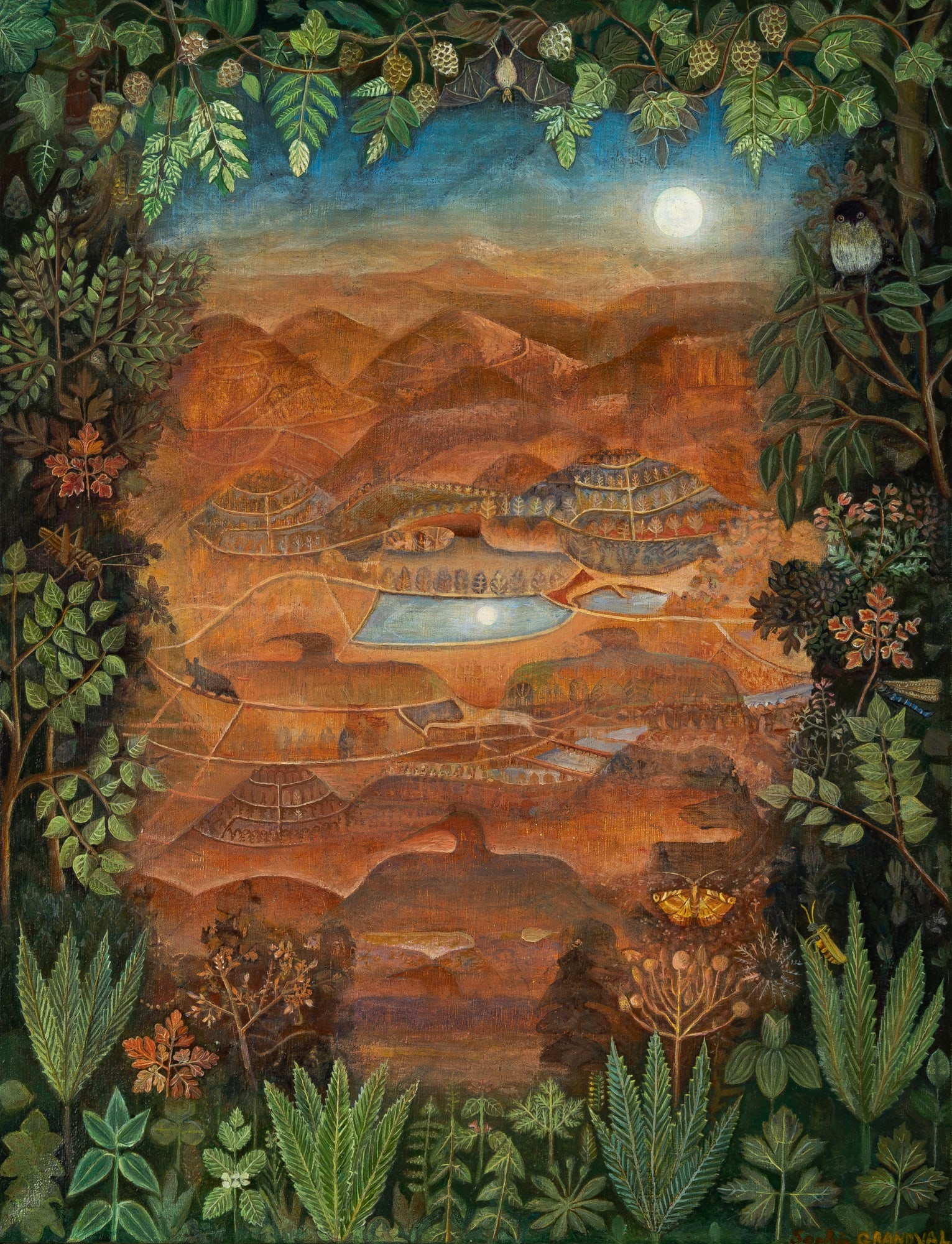 Sophie Grandval: French, b. 1936 Moonlit Landscape, 2004 Signed Sophie Grandval (lr) Oil on canvas, housed in an integral frame Overall 27 1/4 x 21 1/4 inches (69.2 x 54 cm) Provenance: Bernard Chauchet Contemporary