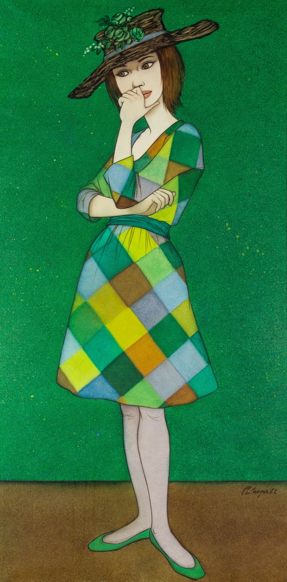 Philippe Noyer: French, 1917-1985 Arlequine au chapeau, 1962 Signed and dated Ph Noyer 62 (lr); inscribed as titled on the stretcher bar Oil on canvas 39 1/2 x 19 7/8 inches (100.3 x 50.5 cm) Provenance: Hammer