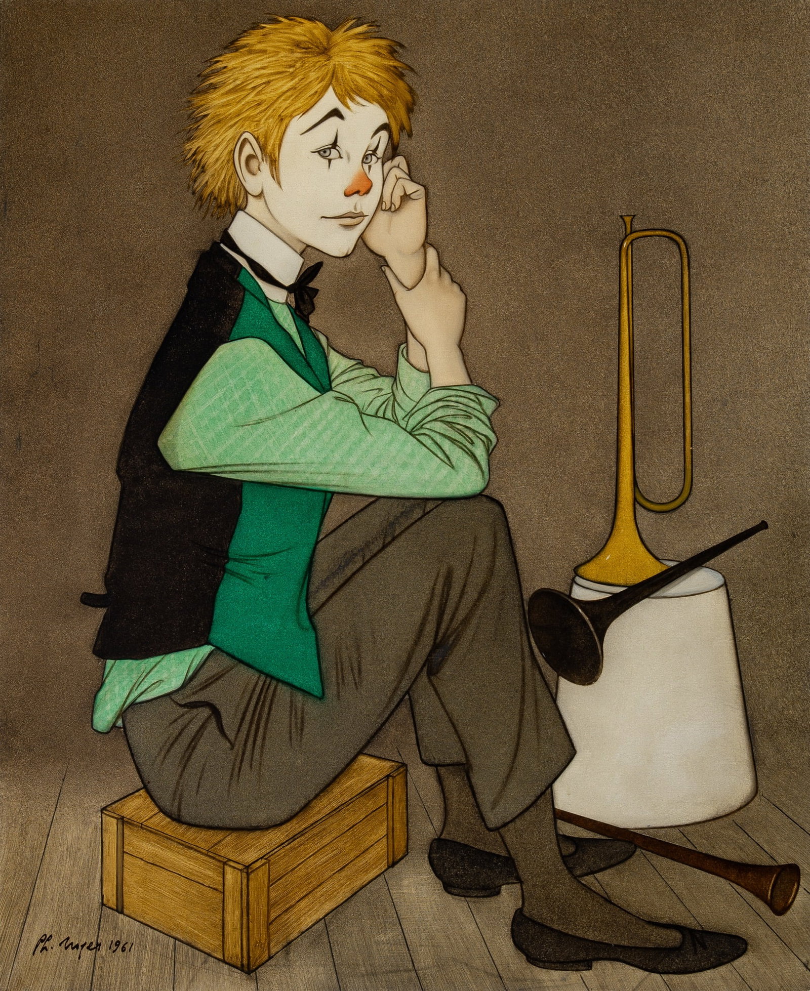 Philippe Henri Noyer: French, 1917-1985 Seated Clown, 1961 Signed and dated Ph. Noyer 1961 (ll) Oil on canvas 28 3/4 x 23 3/4 inches (73 x 60.3 cm) Provenance: Hammer Galleries, New York (Framed 36 3/4 x 31 3/4 inches)