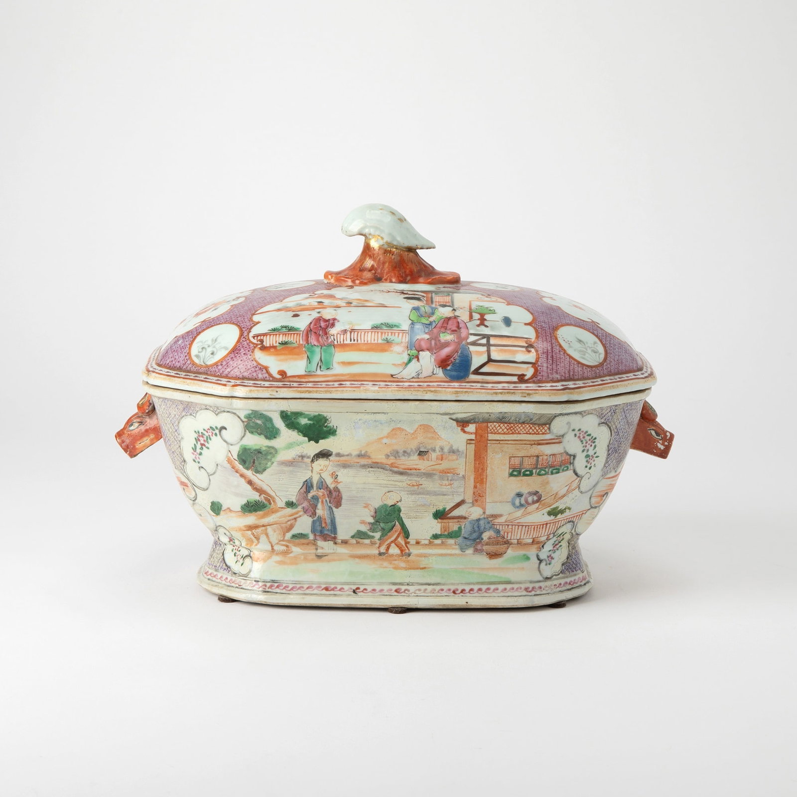 Chinese Export Famille Rose Porcelain Covered Soup Tureen: Height 9 inches, width 12 inches, depth 9 inches