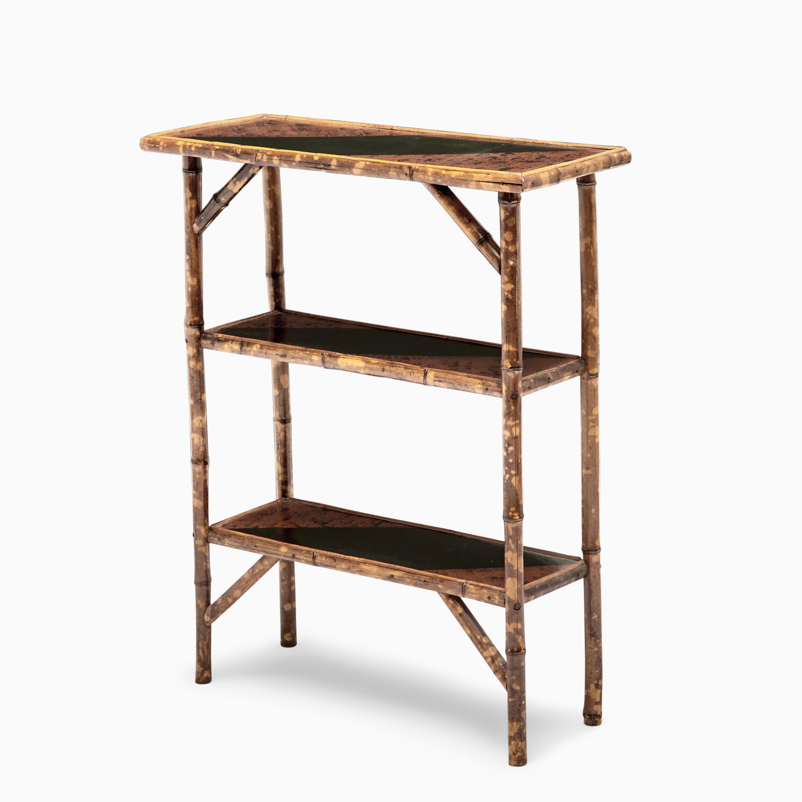 Victorian Bamboo and Lacquer Etagère: Late 19th century Red and black lacquer painted shelves connected by stained bamboo. Height 36 inches, width 28 1/2 inches, depth 11 1/2 inches.
