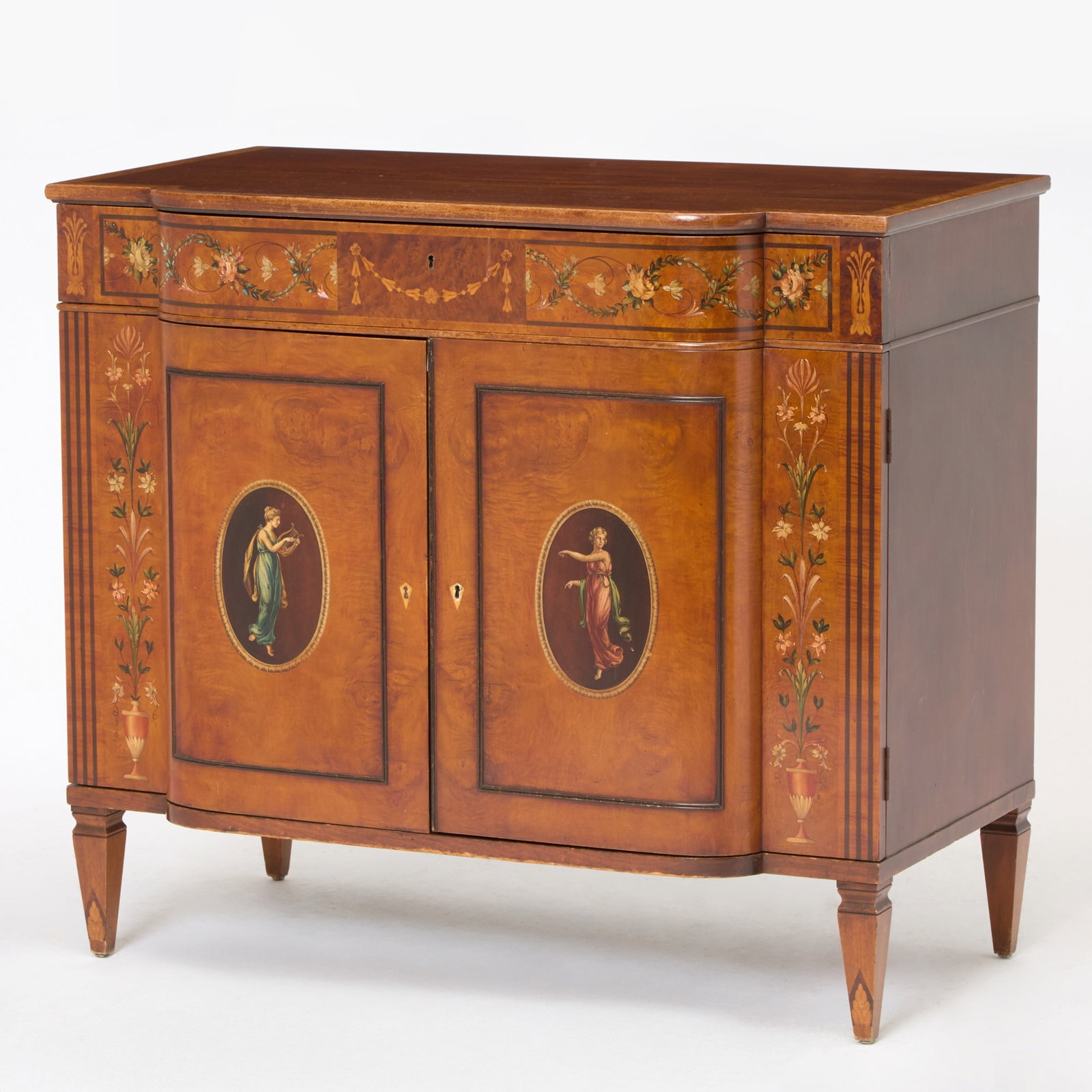 Edwardian Paint Decorated Mahogany and Burlwood Breakfront Side Cabinet (1 of 7)