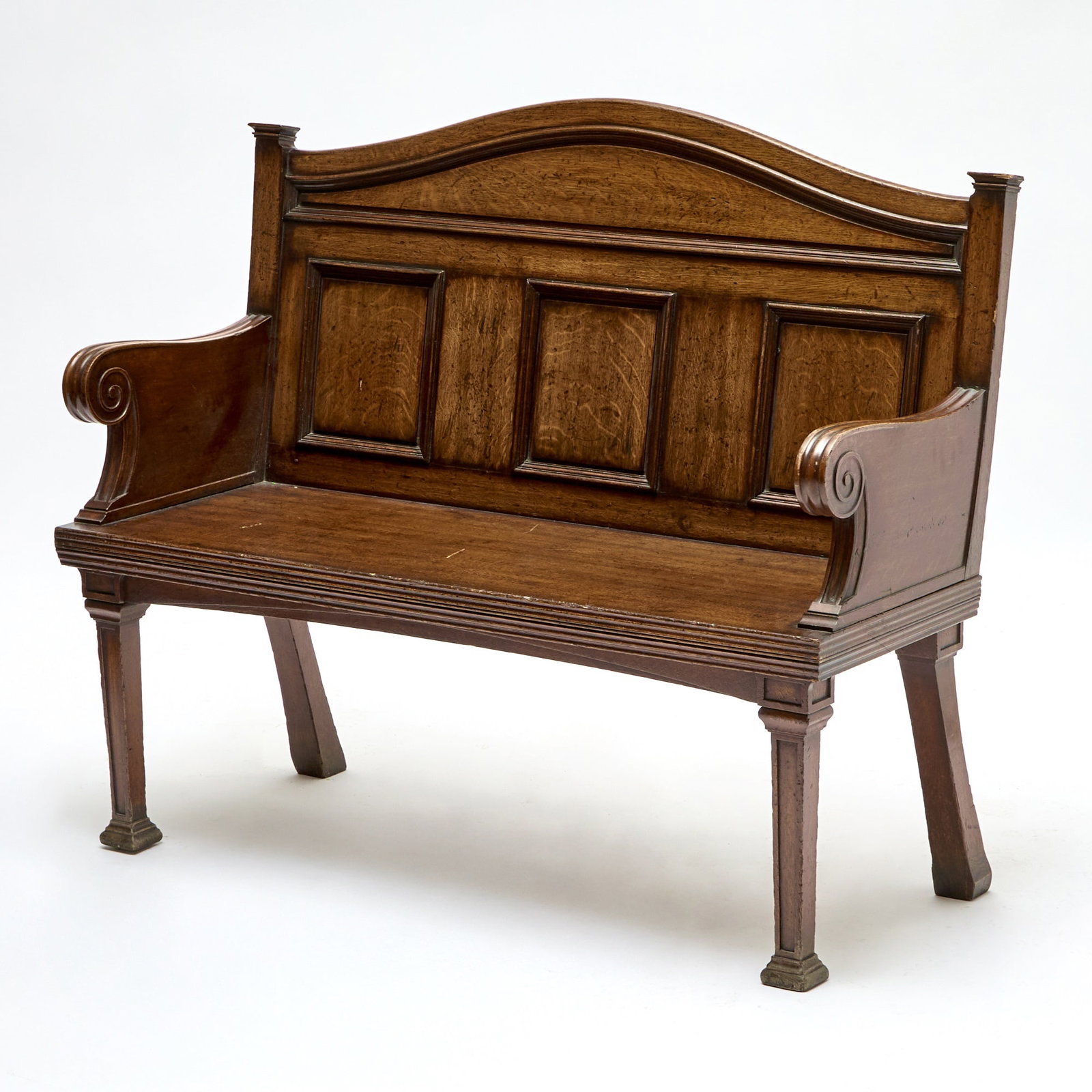 English Oak Hall Bench: Height 40 inches, width 51 inches, depth 21 inches. losses, old marks and scratches