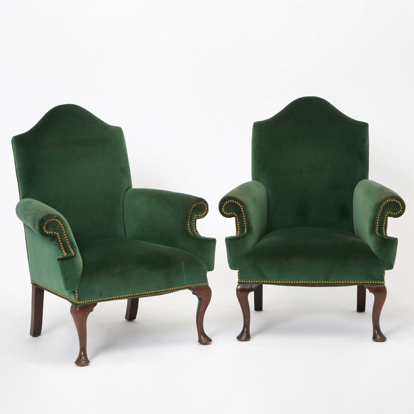 Pair of Queen Anne Style Velvet Upholstered Mahogany Wing Chairs (1 of 5)