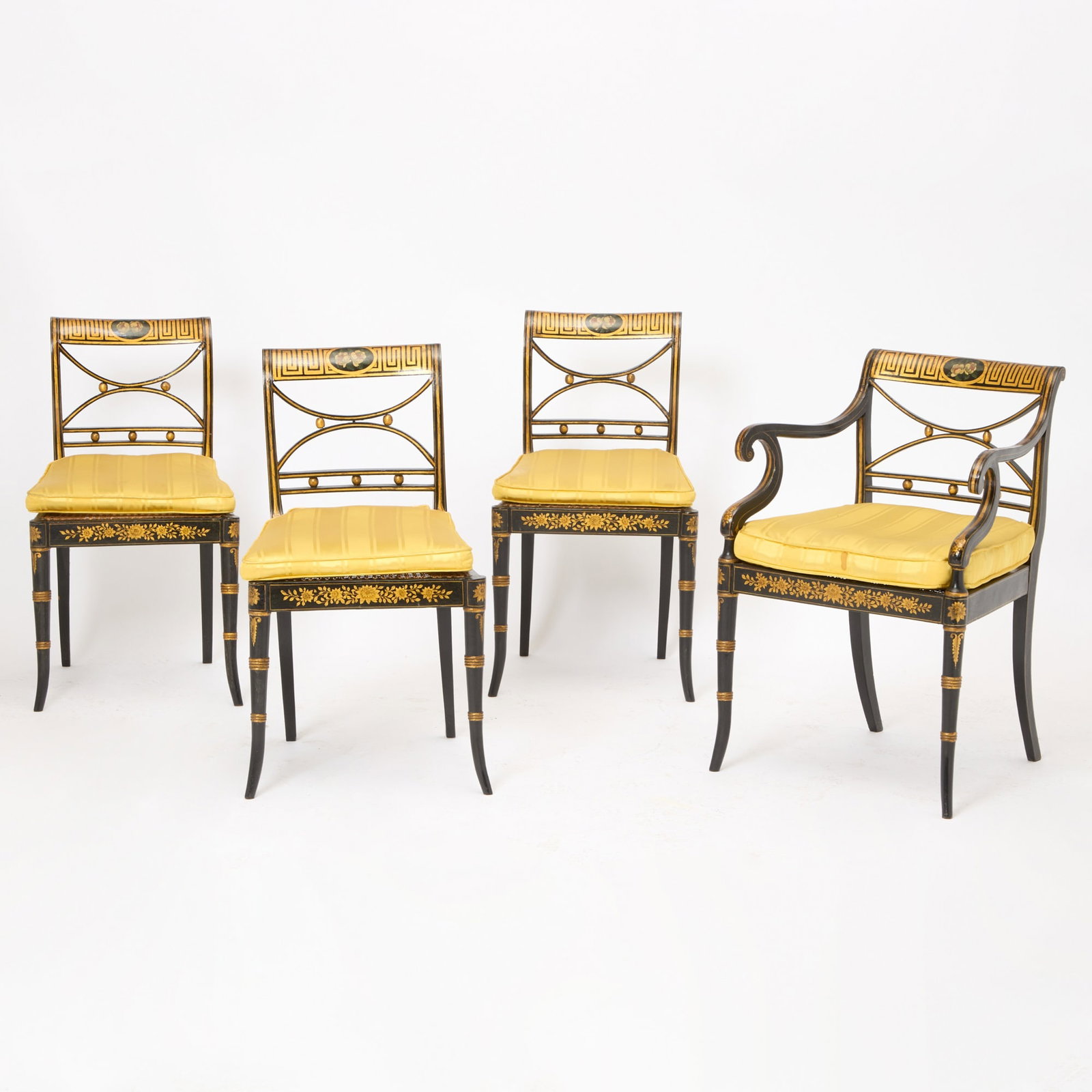 Set of Four Regency Style Gilt Decorated Black Lacquer Dining Chairs (1 of 6)