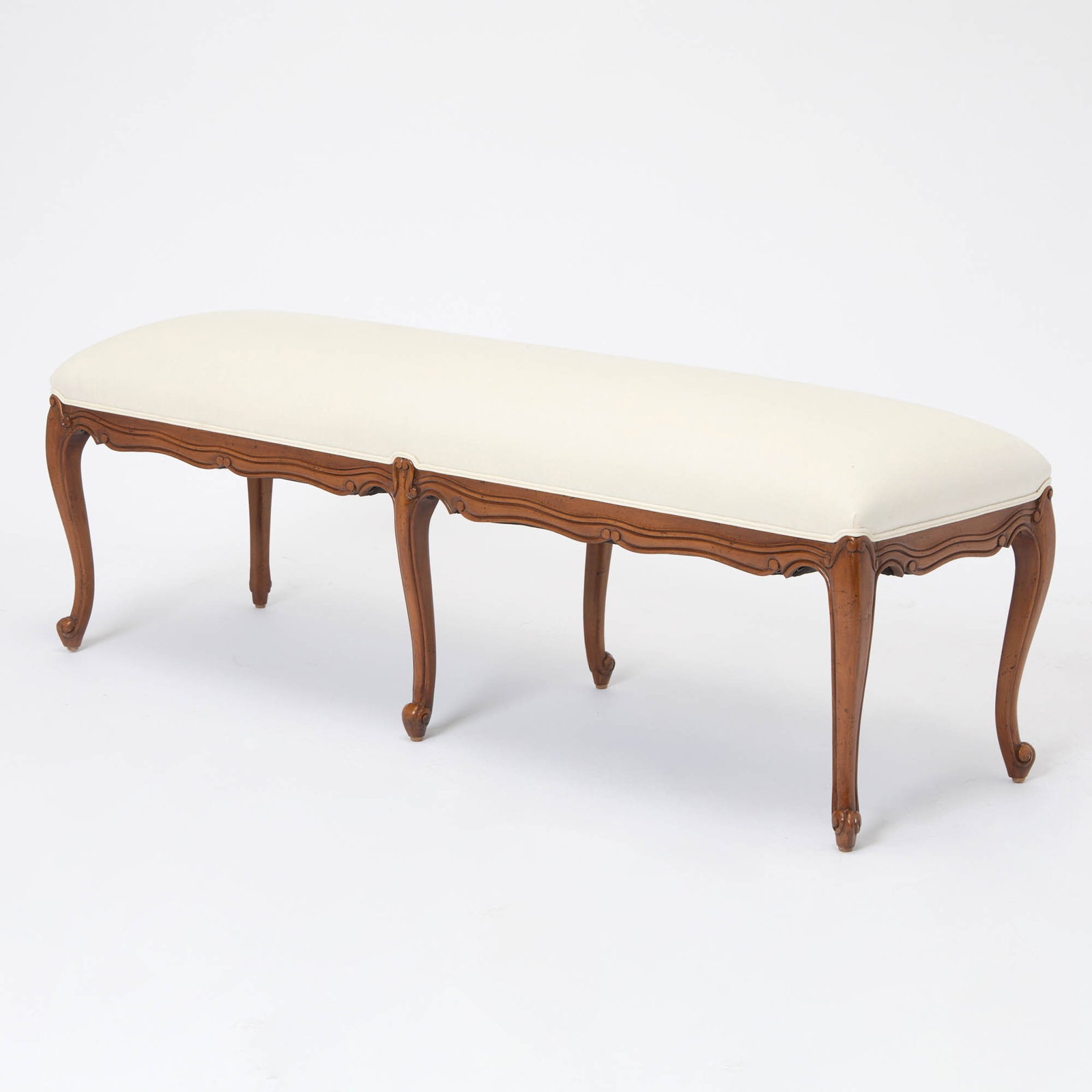 Louis XV Style Upholstered Walnut Banquette: Late 20th Century Height 20 inches, width 60 inches, depth 18 1/4 inches.