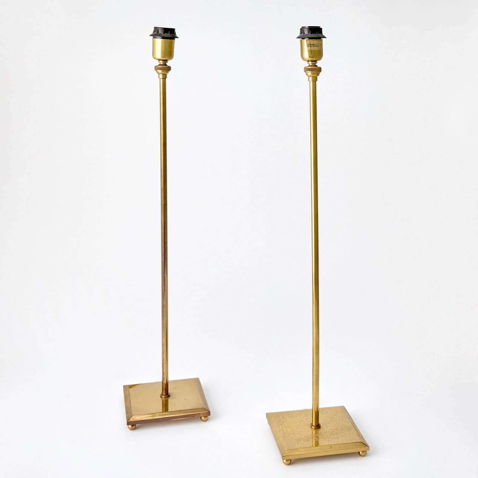 Pair of Modern Brass Table Lamps: Labeled " pour la gallerie mod. teensdue", with crackled finish over brass. Height 24 inches, 4 1/2 inches square.