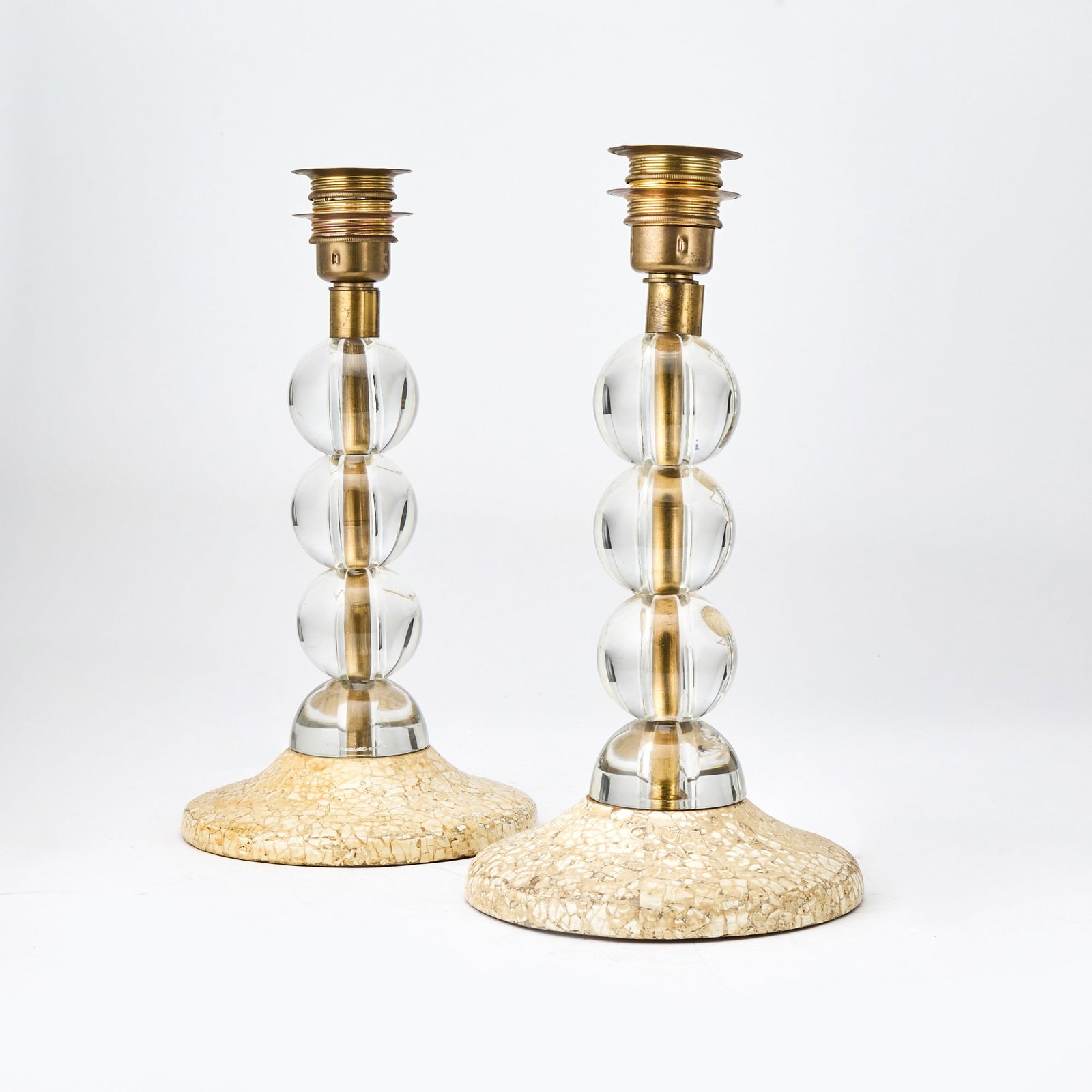 Pair of Baugniet Modernist Table Lamps: Mid-Century Marcel Louis Baugniet (1896–1995) Belgium, metal label underside. Glass and brass on a shell veneered wood base. Height 13 inches, diameter 7 inches.