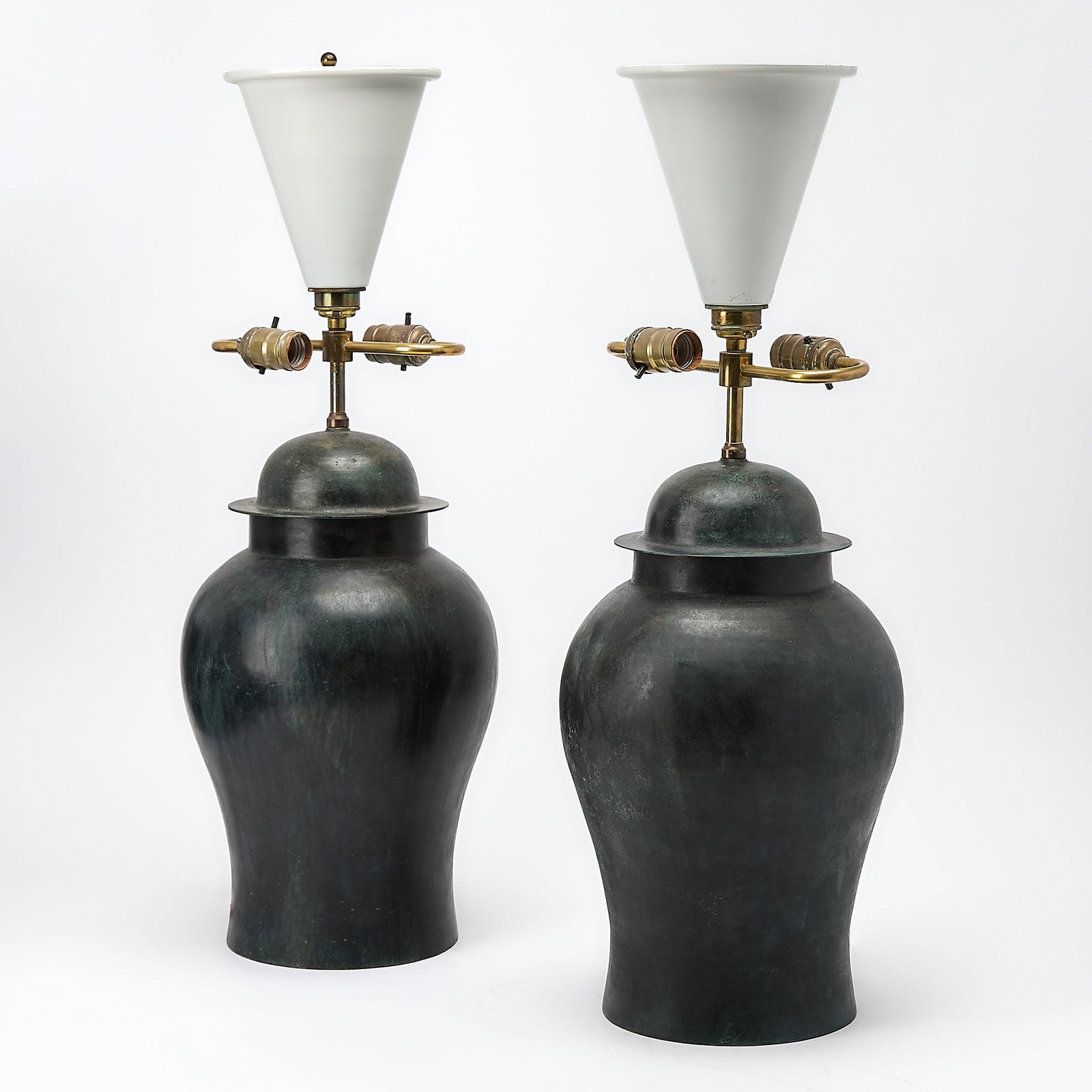 Pair of Patinated Bronze Jars, Made into Lamps (1 of 3)