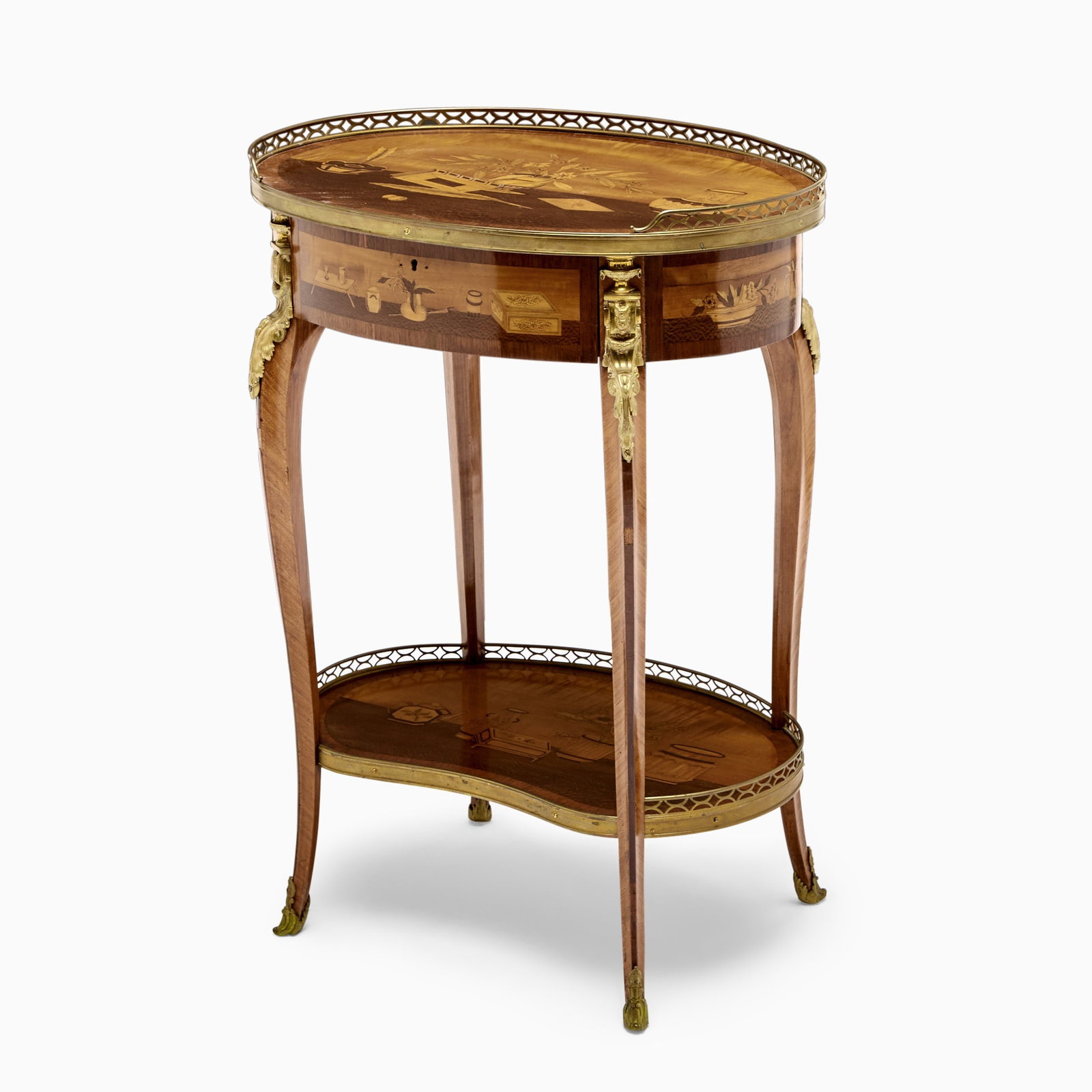 Louis XV Style Marquetry Tulipwood Side Table: Height 29 3/4 inches, width 22 inches, depth 15 3/4 inches. inlay losses and cracks