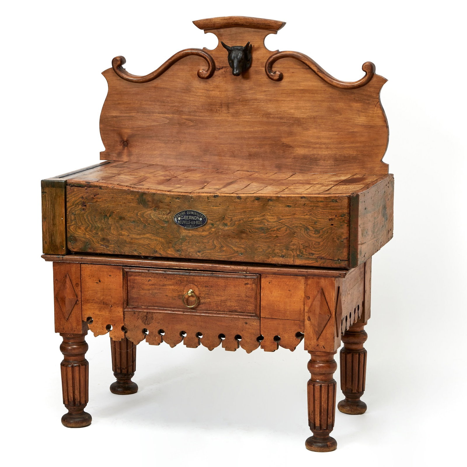 French Provincial Butcher Block Worktable: 19th Century Made of maple and oak. Labelled "Epicerie Quincaillerie.... Loiret" Height 57 inches, width 40 inches, depth 26 inches.