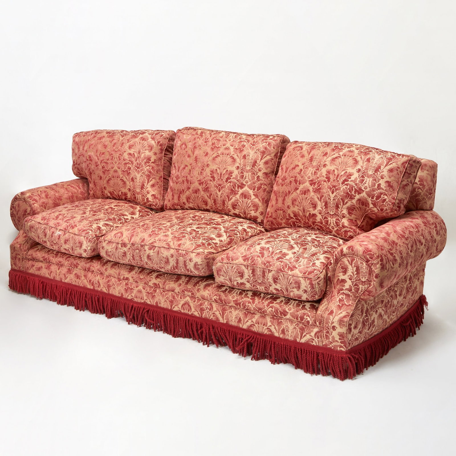 Geoffrey Bennison Upholstered Sofa: Height 36 inches, width 8 feet, depth of seat 21 1/2 inches.