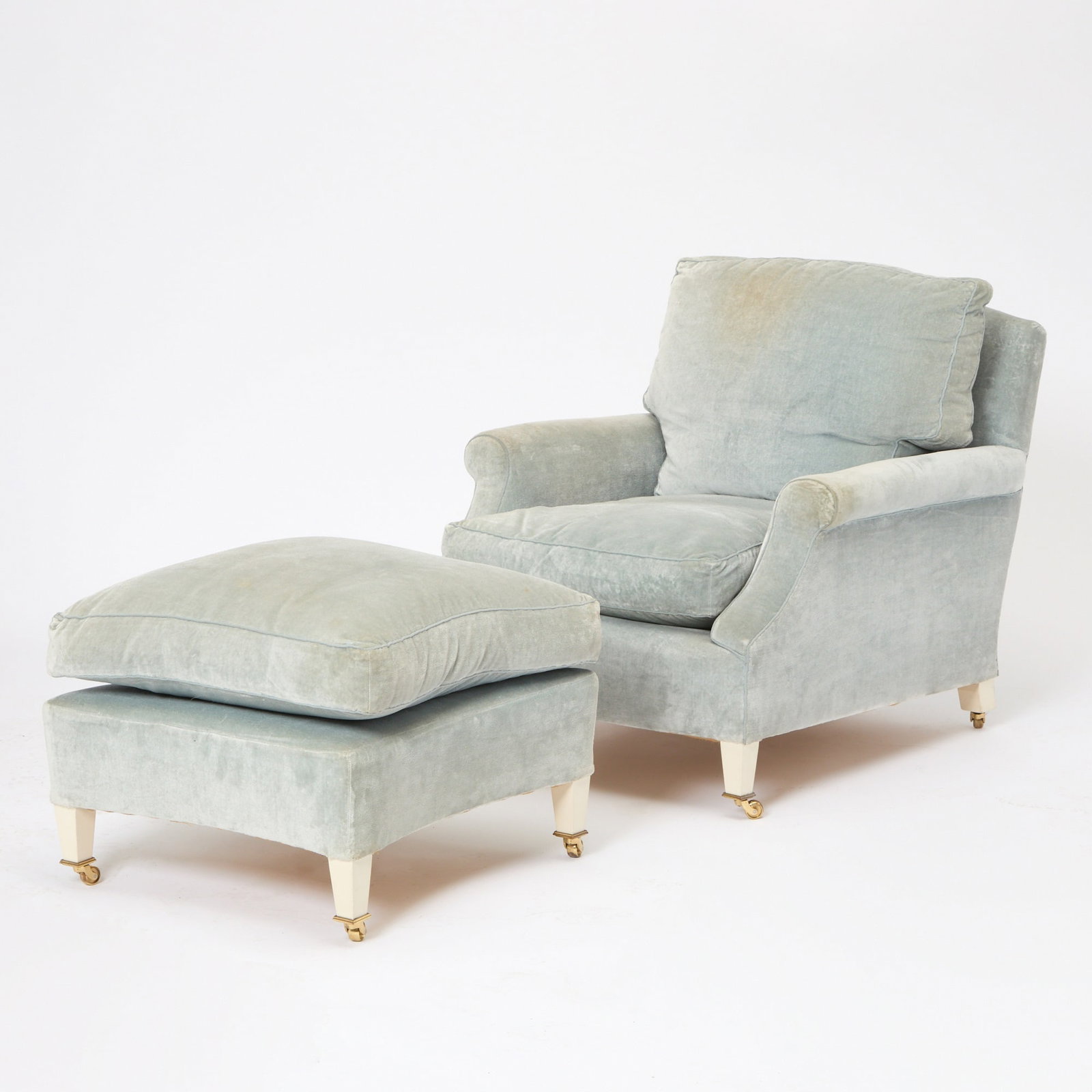 Howard Ltd. Velvet Upholstered Club Chair with Matching Foot Stool: Height 35 inches, width 33 inches, depth 38 inches; height of ottoman 15 inches, 24 inches square.