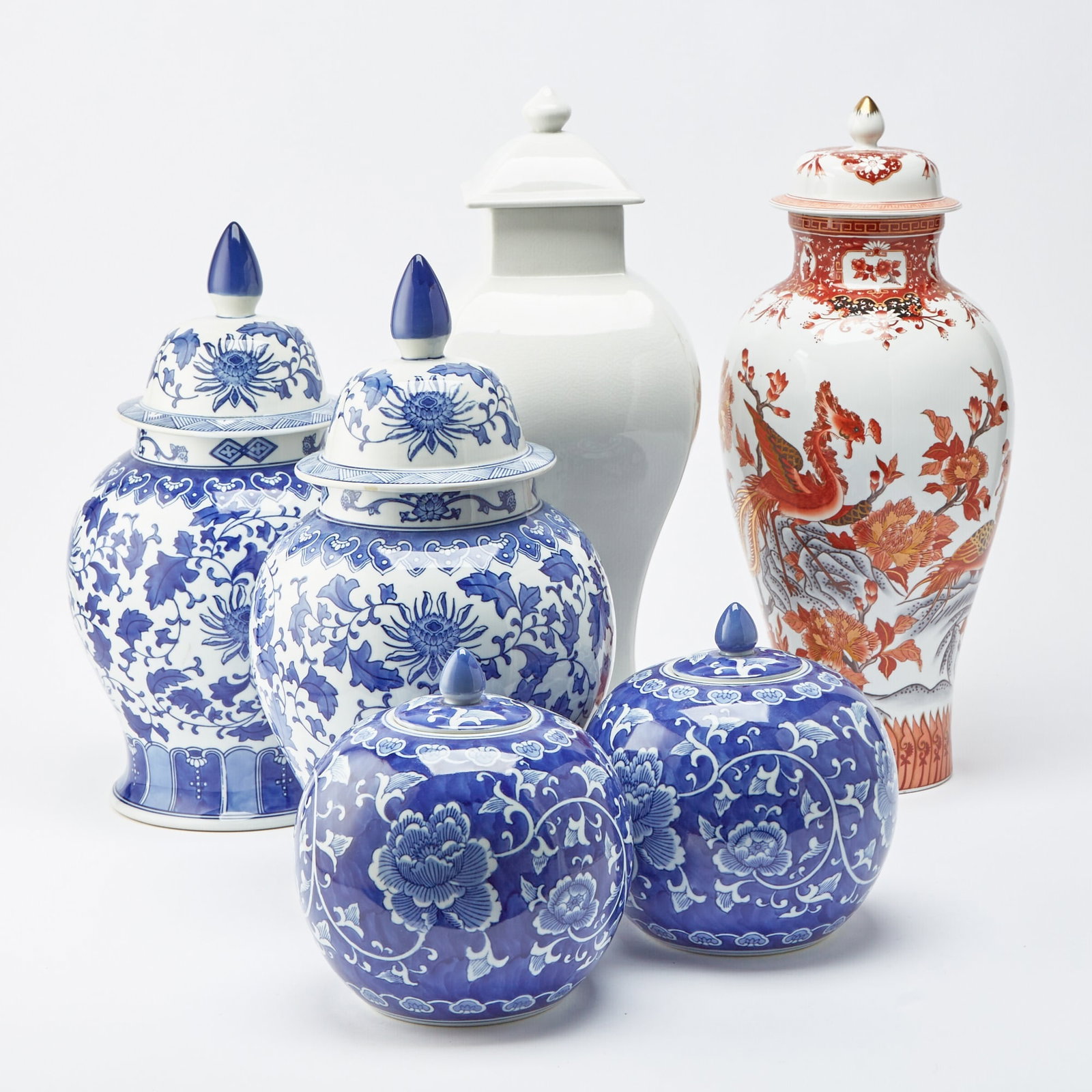 Group of Six Asian Porcelain Covered Jars: Modern Tallest covered jar height 22 inches.
