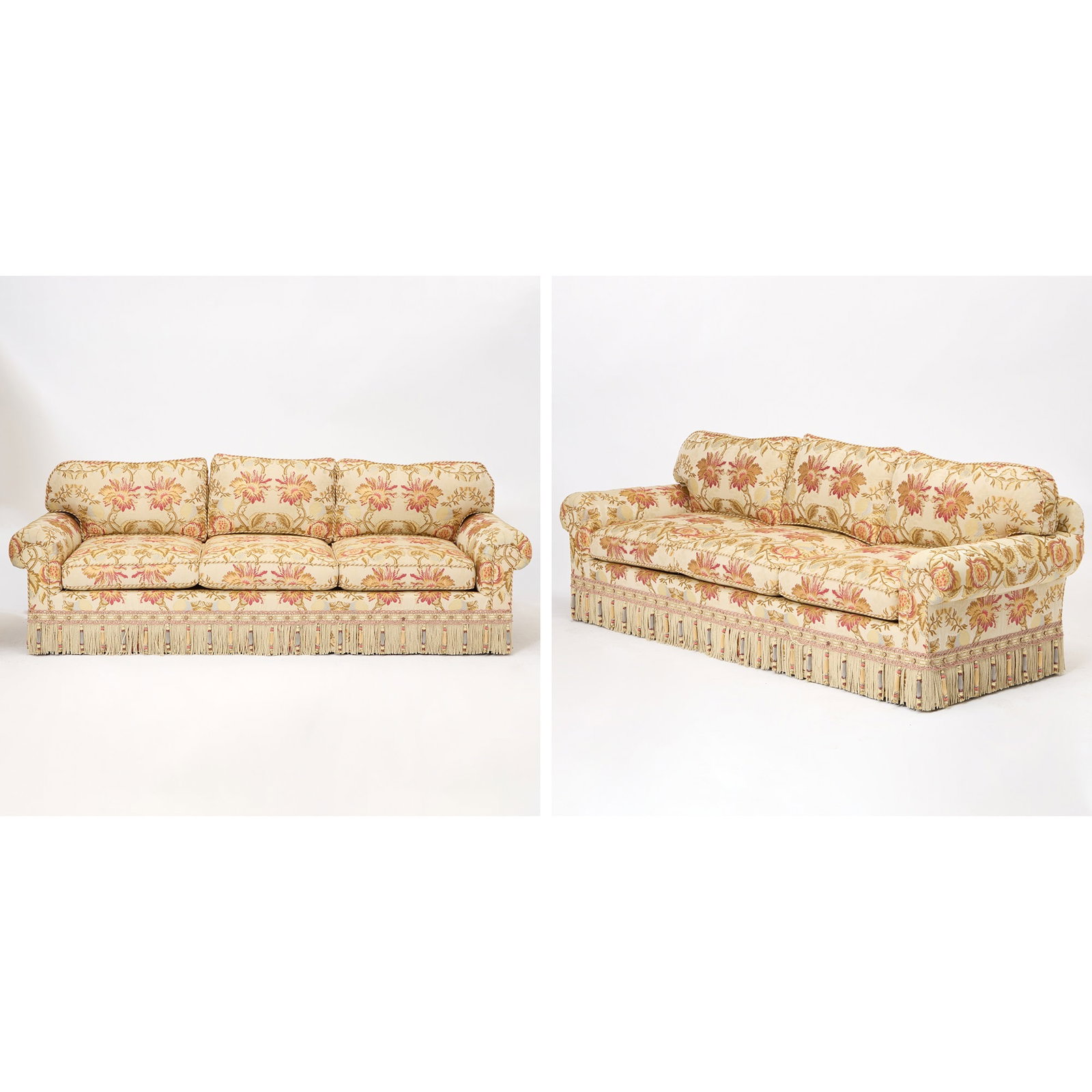 Pair of Upholstered Fringed Sofas (1 of 7)