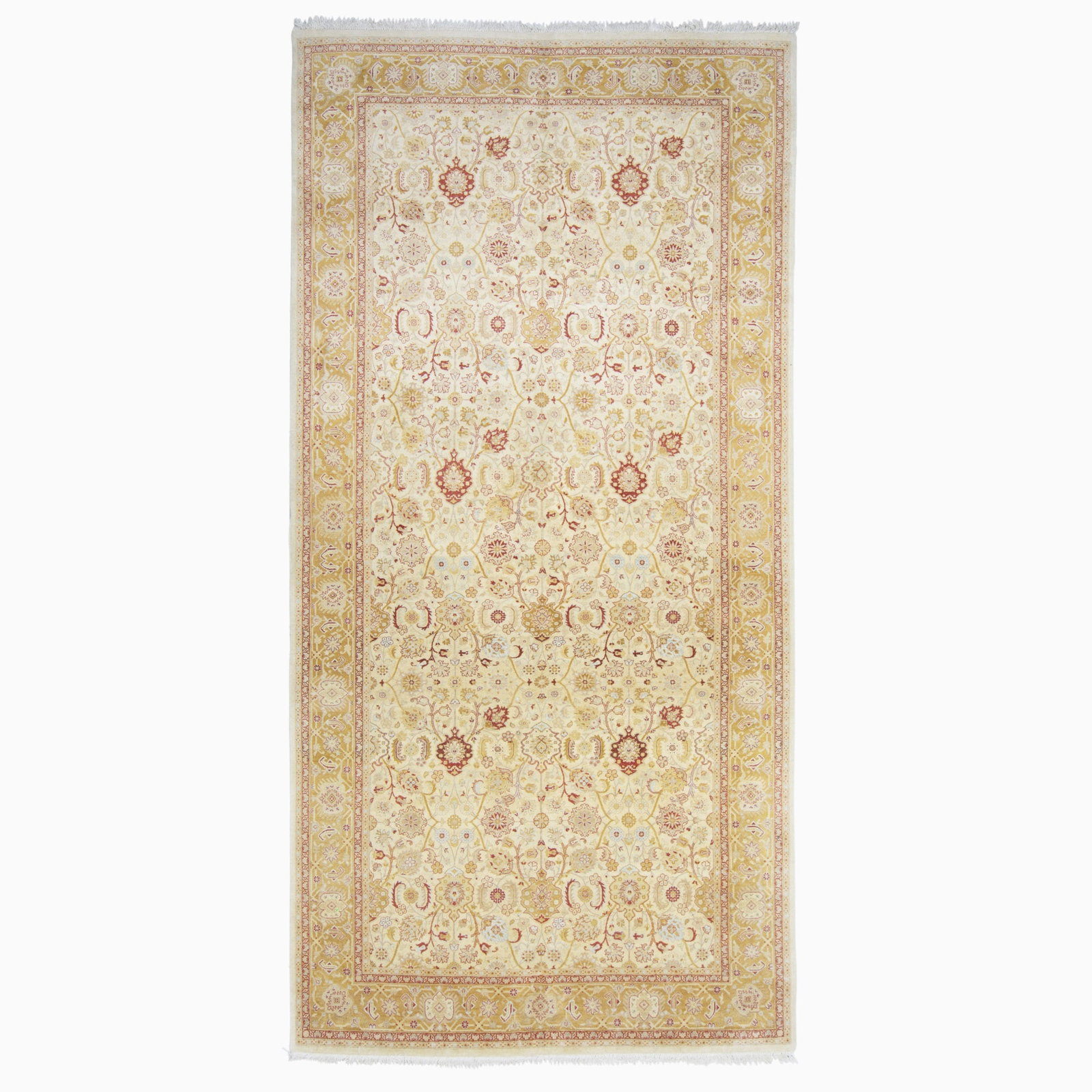 Indo-Tabriz Gallery Carpet: India, Contemporary The overall pattern of polychrome floral vinery on the buff field is within a gold palmette and vine border. (12' 5" x 6' 2")