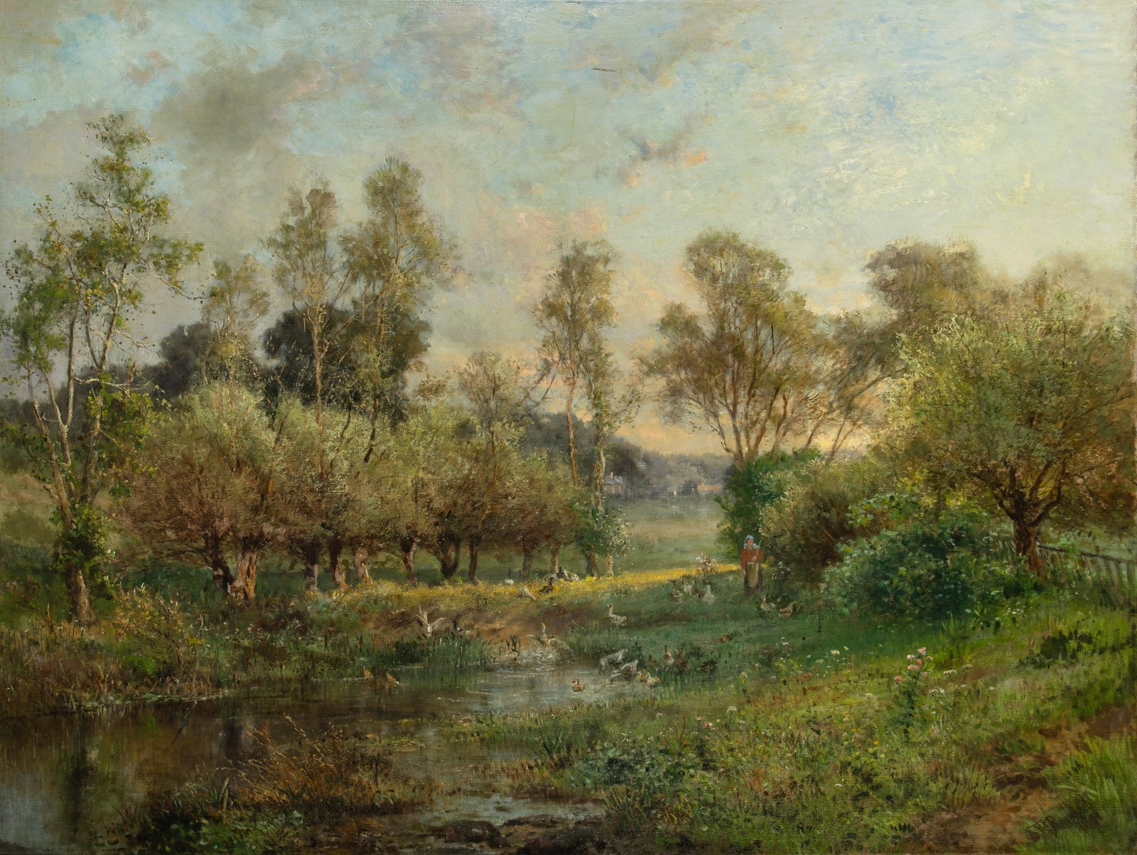 Frederick Rondel Sr.: American, 1826-1892 Landscape with a Girl Tending Geese, 1891 Signed F. Rondel and dated 1891 (lr) Oil on canvas 38 x 50 inches (96.5 x 127 cm) Provenance: Sale, Sotheby's Arcade, New York, September