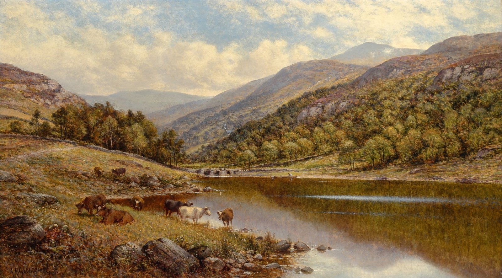 Alfred Augustus Glendening, Sr.: British, 1840-1921 Mymbyr Lake, Capel Curig, North Wales, 1907 Signed A.A.Glendening and dated 07 (ll) Oil on canvas 24 x 42 inches (61 x 107 cm) Provenance: Suggested to have been commissioned by