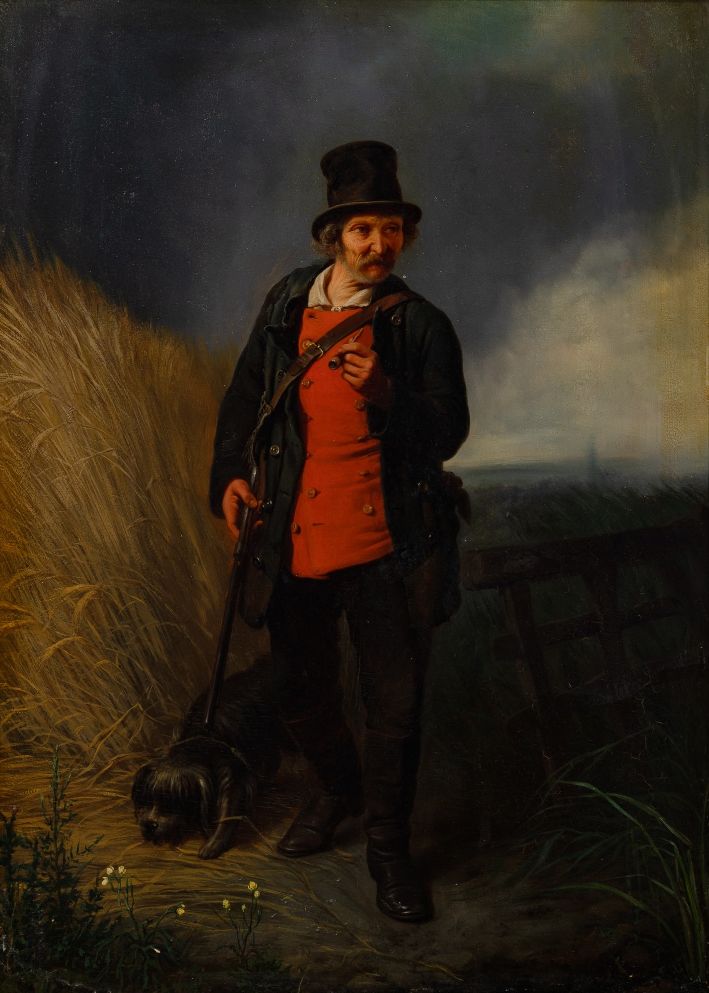 Continental School: 19th Century A Hunter with his Dog Oil on panel 21 1/2 x 15 1/2 inches (54.5 x 39.4 cm) (Frame 27 5/8 x 21 3/4 inches) The panel stable. One small loss in the lower left quadrant. Some contours and