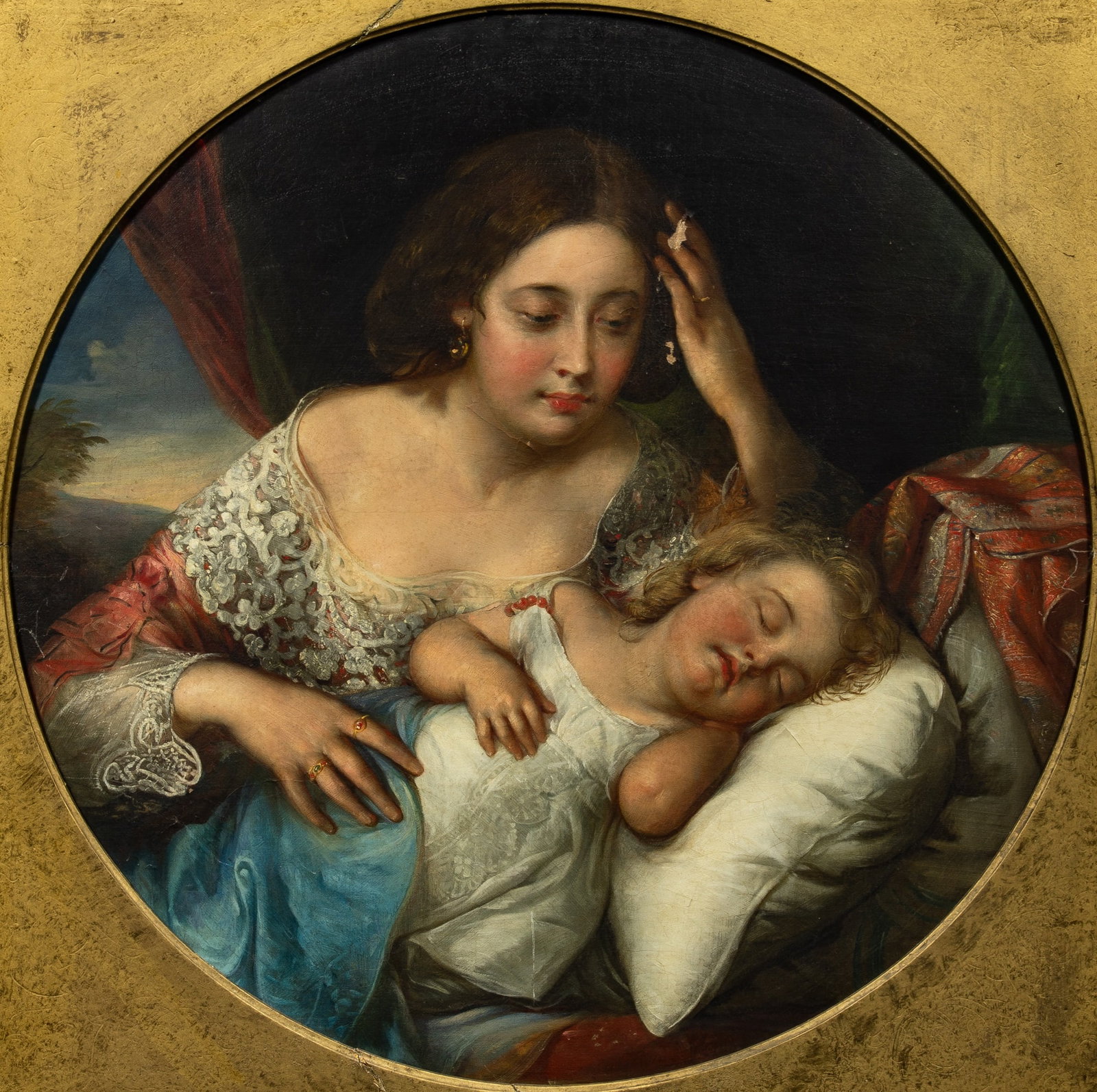 British School: 19th Century The Sleeping Child Oil on canvas, tondo Diameter of sight 30 inches (76.2 cm) (Frame 39 x 39 3/8 inches) Glue relined. Some losses to the surface, especially around the left hand of the