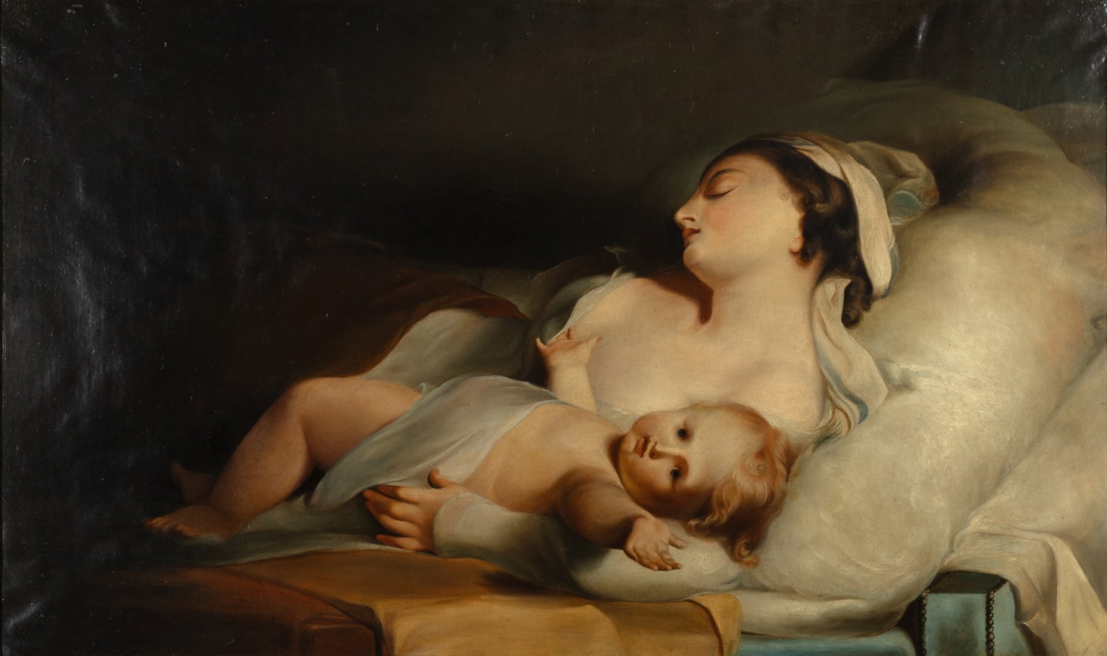 After Thomas Sully: Sleeping Mother and Child Oil on canvas 26 1/2 x 44 inches (66 x 111.7 cm) (Framed 32 1/2 x 50 1/4 inches) Wax relined. Area of restoration (roughly 3 x 5 inches) on and just above the baby's left