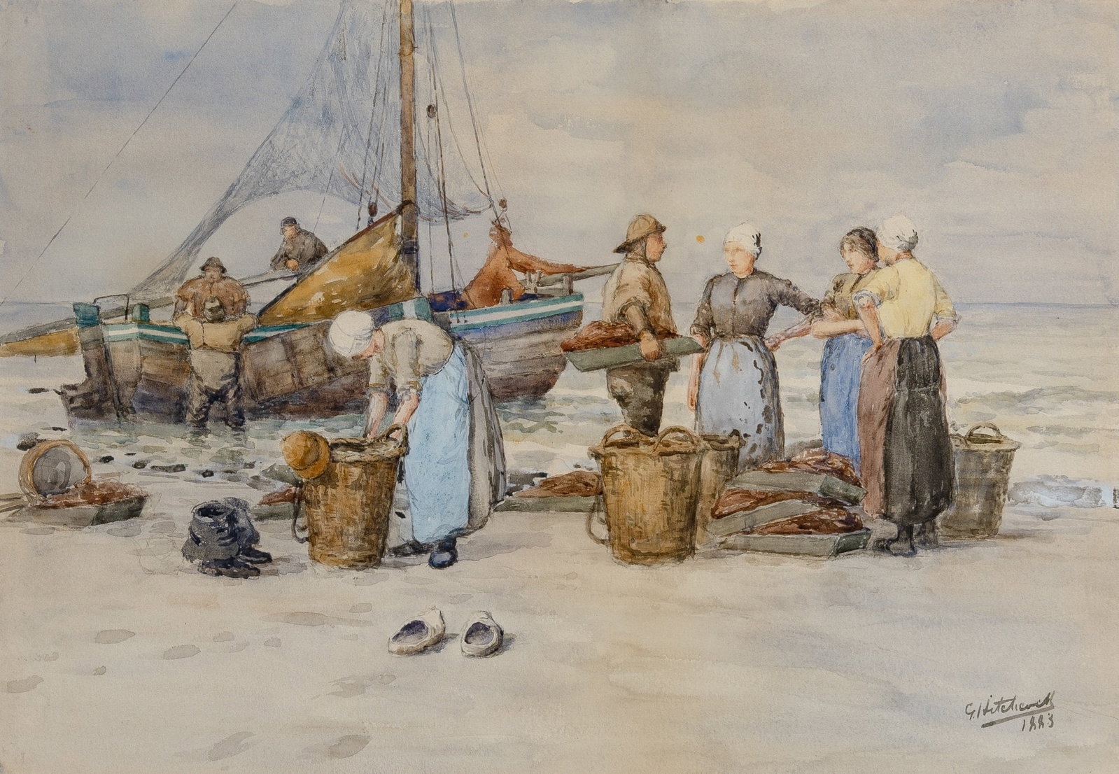George Hitchcock: American, 1850-1913 The Daily Catch, 1883 Signed and dated G. Hitchcock 1883 (lr) Watercolor on paper 14 1/2 x 21 inches (36.8 x 53.3 cm) (Frame 24 1/2 x 30 1/2 inches)