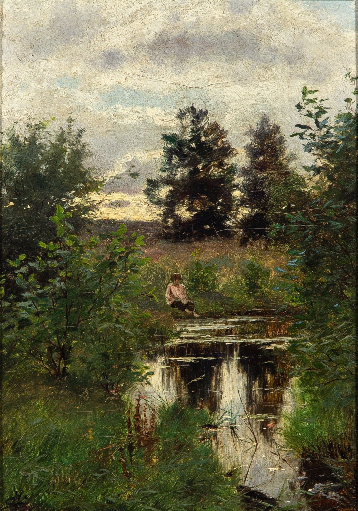 Attributed to Ivan Ivanovich Endogouroff: Figure in Pink Seated beside a River Inscribed with a monogram in Cyrillic characters (ll) Oil on board 8 1/2 x 6 inches (21.5 x 15.3 cm) (Frame 16 1/4 x 13 3/4 inches) The surface is cracked