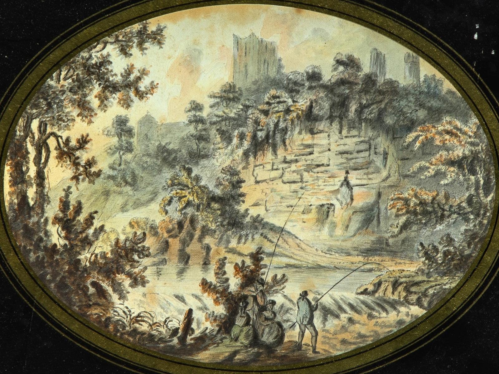 Continental School: 19th Century Anglers and their Companions beside a Torrent Watercolor and pencil on paper, oval 5 1/2 x 7 3/4 inches (14 x 19.7 cm) Mounted within a reverse-painted glass mat (Framed 9 3/4 x 11 7/8