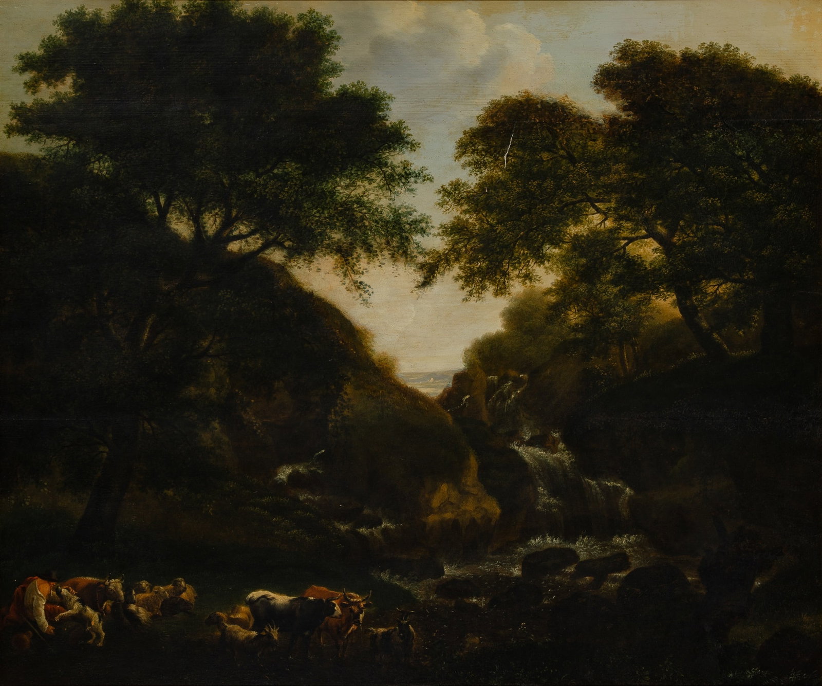 Continental School: 18th-19th Century A Herdsman and Cattle Resting by a Stream Oil on cradled panel 30 x 35 inches (76.2 x 89 cm) (Framed 37 1/2 x 42 1/2 inches) The large panel has been cradled. There is a vertical