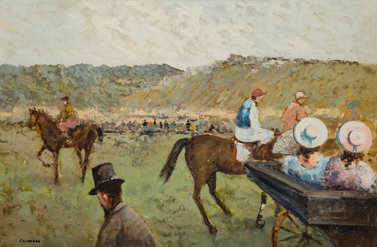 20th/21st Century School: At the Races Signed indistinctly Frim... (ll) Oil on canvas 23 3/4 x 35 3/4 inches (60.3 x 90.8 cm) (Frame 29 1/2 x 41 1/2 x 2 1/2 inches)
