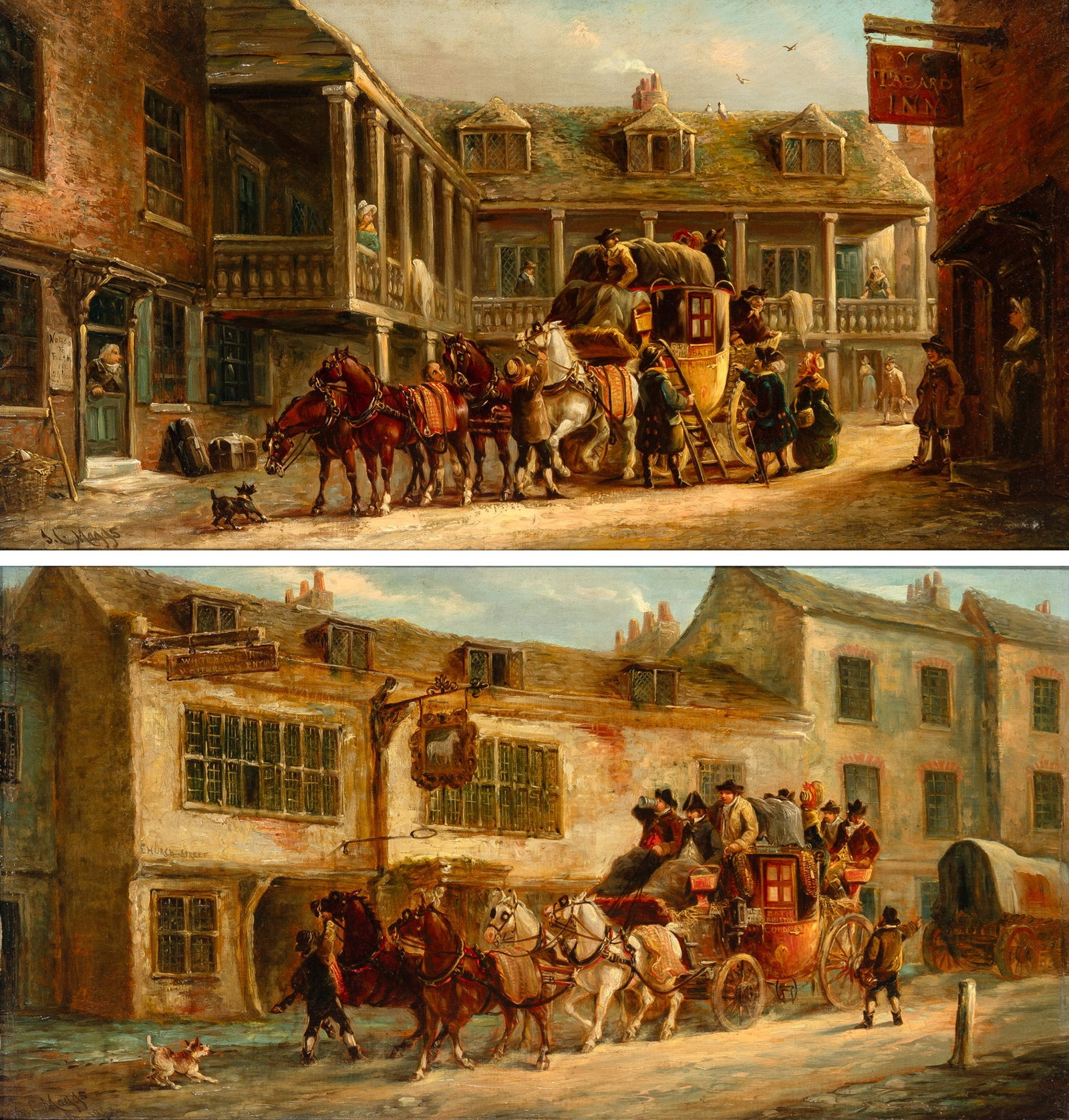 Manner of John Charles Maggs: The White Horse Inn and The Tabard Inn: two works Each inscribed J.C. Maggs (ll); the first also inscribed Bath/1883 (ll) Oil on canvas Each 14 1/4 x 26 1/8 inches (36.1 x 66.4 cm) Both: Scttered