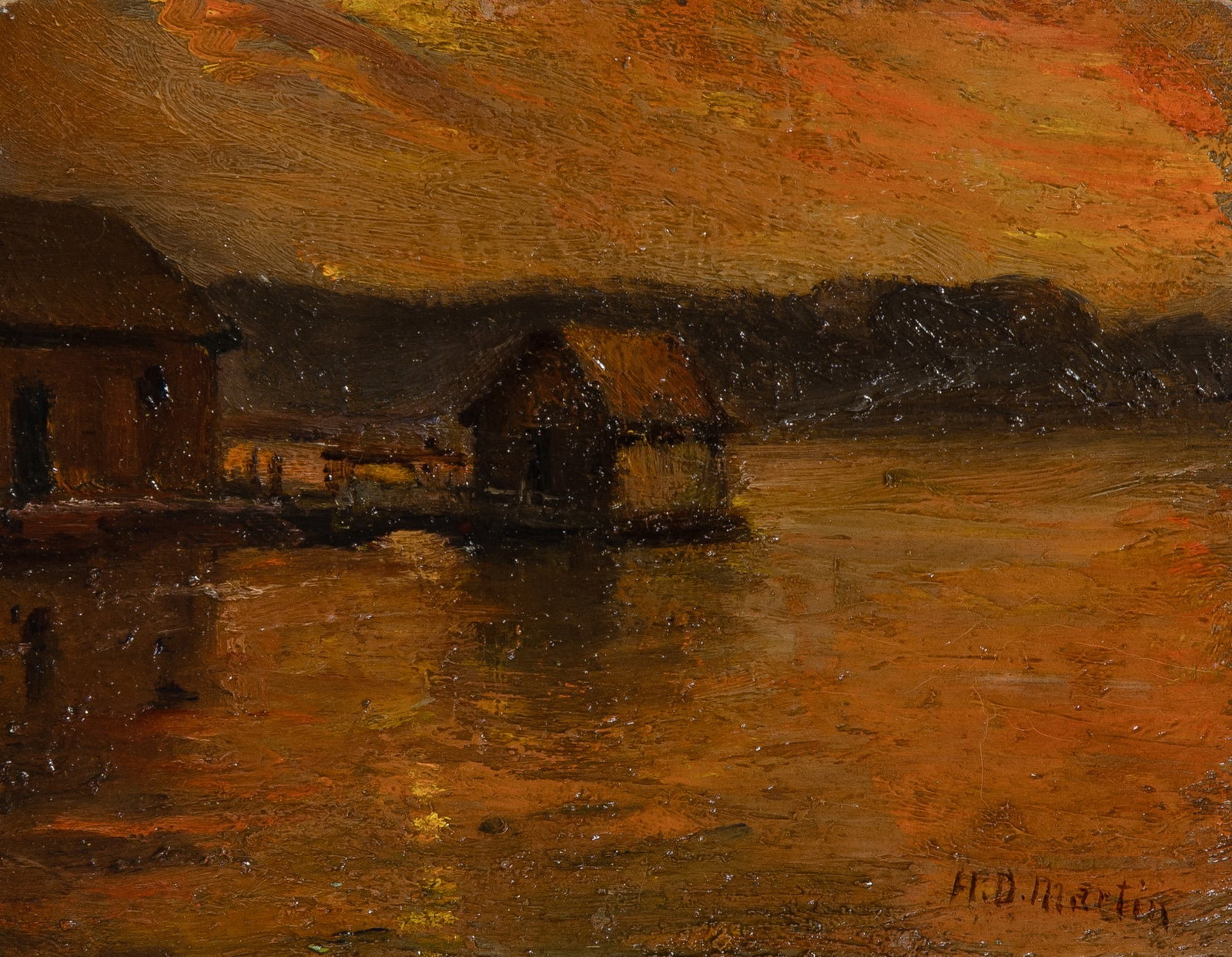 Homer Dodge Martin: American, 1836-1897 Fisherman's Bay, 1865 Signed H.D. Martin (lr); dated 1865 on the reverse Oil on board 6 5/8 x 8 1/2 inches (16.8 x 21.6 cm) (Frame 12 3/4 x 14 5/8 inches) Craquelure.