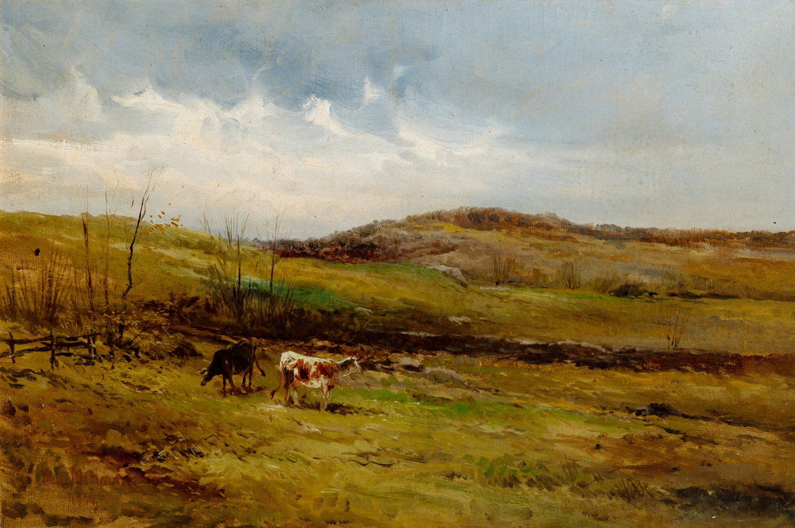 James McDougal Hart: American, 1828-1901 Cows in a Landscape, 1900 Signed Jas. M. Hart and dated 1900 (ll) Oil on canvas 12 1/4 x 18 1/8 inches (31 x 46 cm) (Frame 18 x 24 inches) Inpainted cracks in the sky. A few