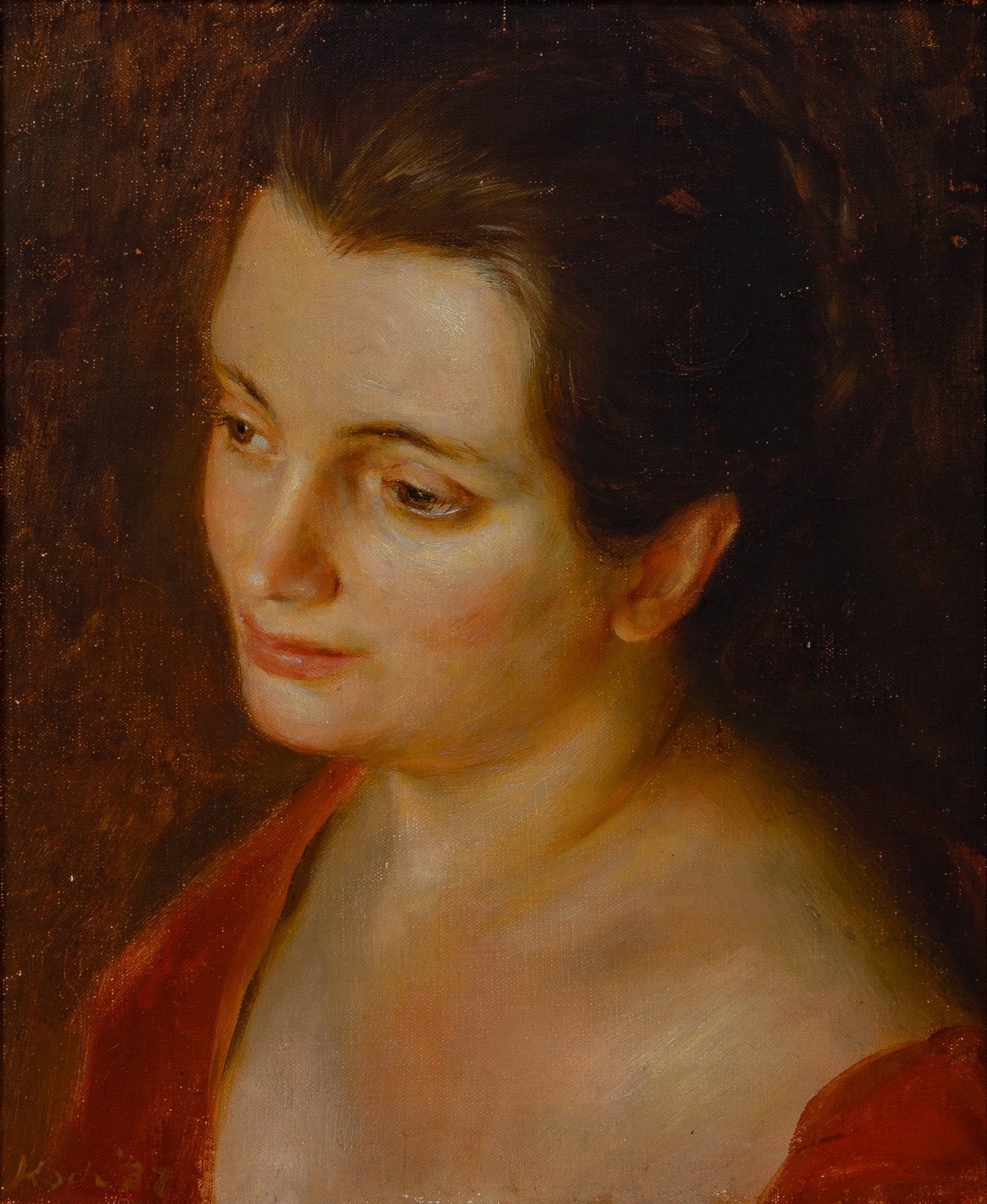 John Koch: American 1909-1978 Portrait of Dora, 1937 Signed Koch and dated (ll) Oil on canvas 12 x 10 inches (30.5 x 25.5 cm) Provenance: Kraushaar Galleries, New York (Frame 15 3/8 x 13 3/8 inches) A few
