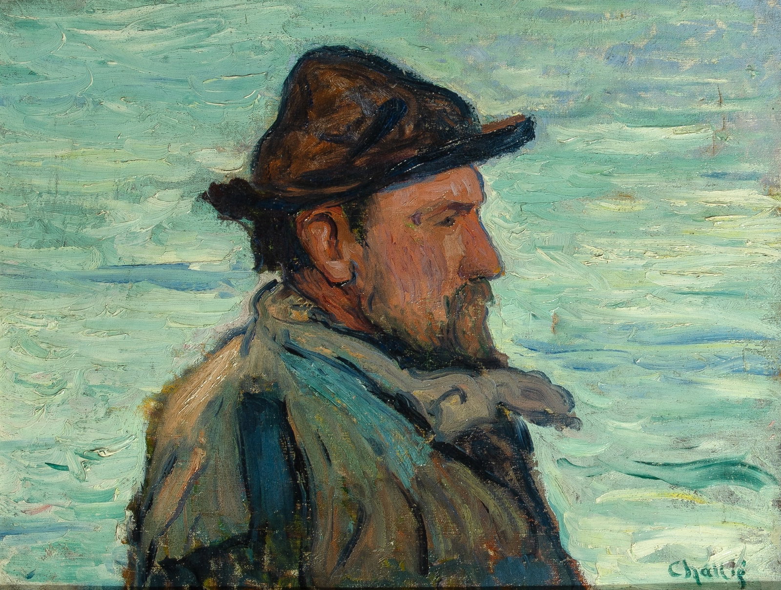 Jean-Laurent Challié: French, 1880-1943 Portrait of a Fisherman in Profile Signed Challié (lr) Oil on canvas 19 3/4 x 25 3/4 inches (50.2 x 65.4 cm) (Framed 27 1/2 x 33 1/4 inches) Few scattered dents resulting in
