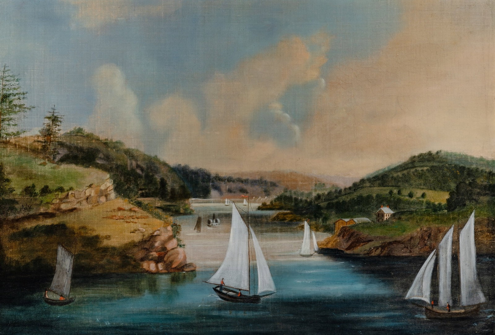 American School: 19th/20th Century Sailboats on the River Oil on canvas 22 3/4 x 32 1/2 inches (57.8 x 82.6 cm)
