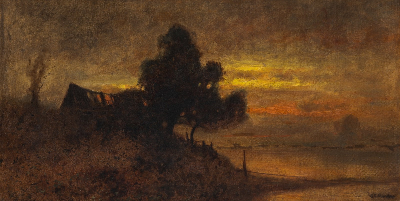 John Francis Murphy: American, 1853-1921 Eventide, circa 1880 Signed J. F. Murphy (lr) Oil on canvas 13 1/4 x 25 1/4 inches (33.7 x 64.1 cm) Provenance: Vose Galleries, Boston The Gage Gallery, Cleveland, Ohio Frederic