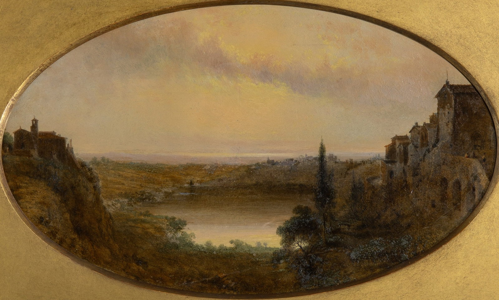 John Gadsby Chapman: American, 1808-1889 View of Nemi, 1868 Signed, dated, and inscribed J.G. Chapman ... Roma, 1868 (lc) Mixed media, including handcoloring over engraving, on paper laid to board Sight of oval 7 x 11